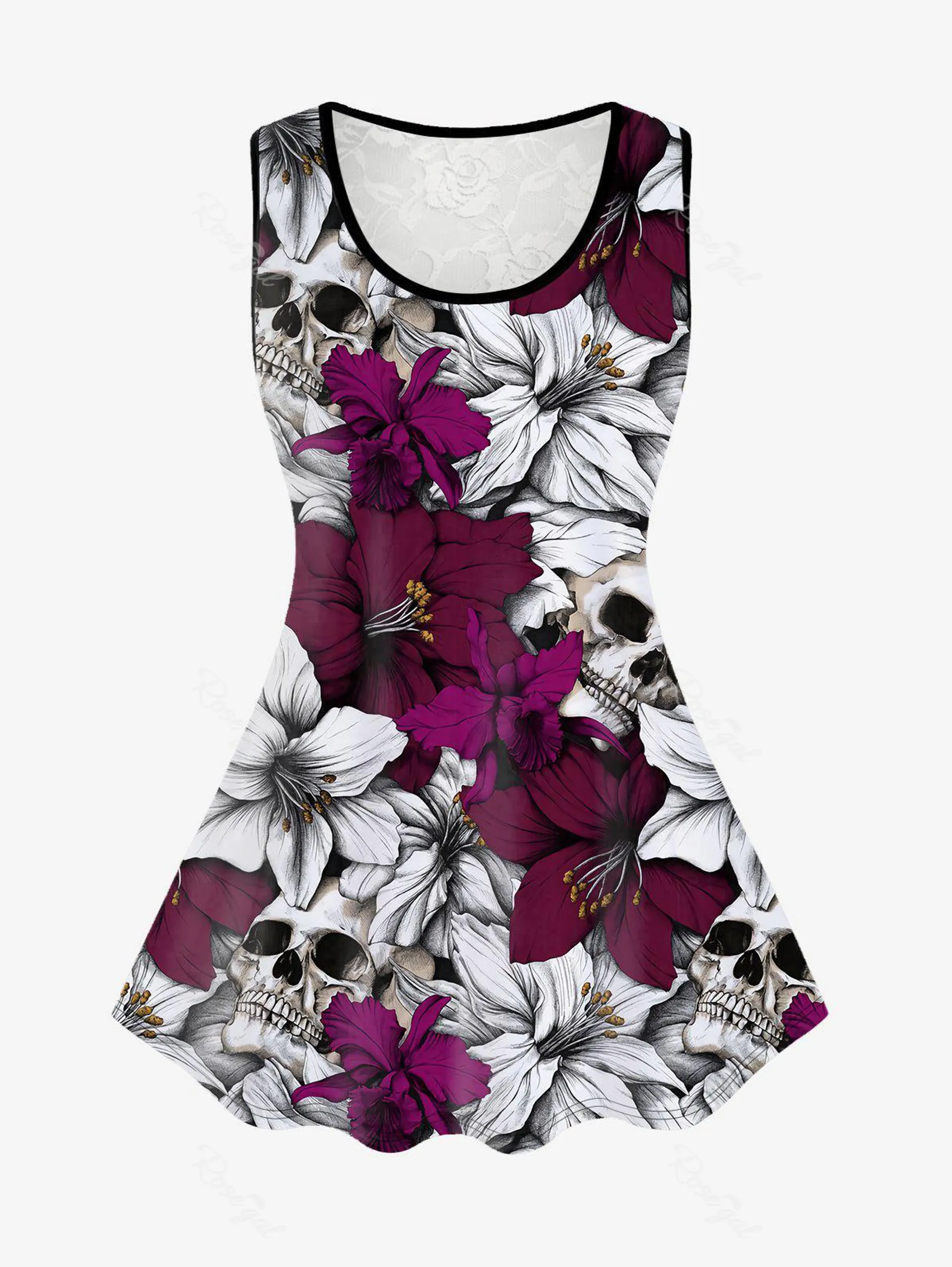 Gothic Flower Skull Print Lace Panel Tank Top - 2x | Us 18-20