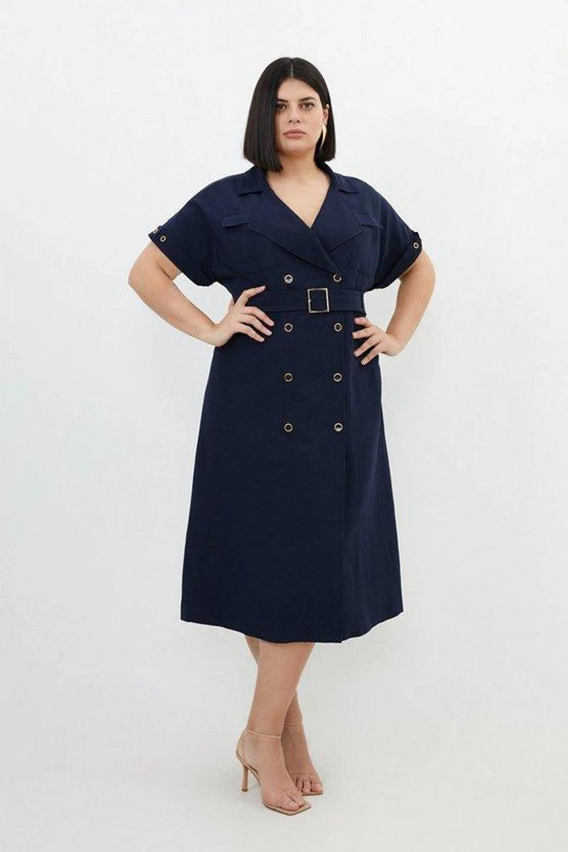 Plus Size Premium Linen Viscose Tailored Double Breasted Belted Midi Shirt Dress