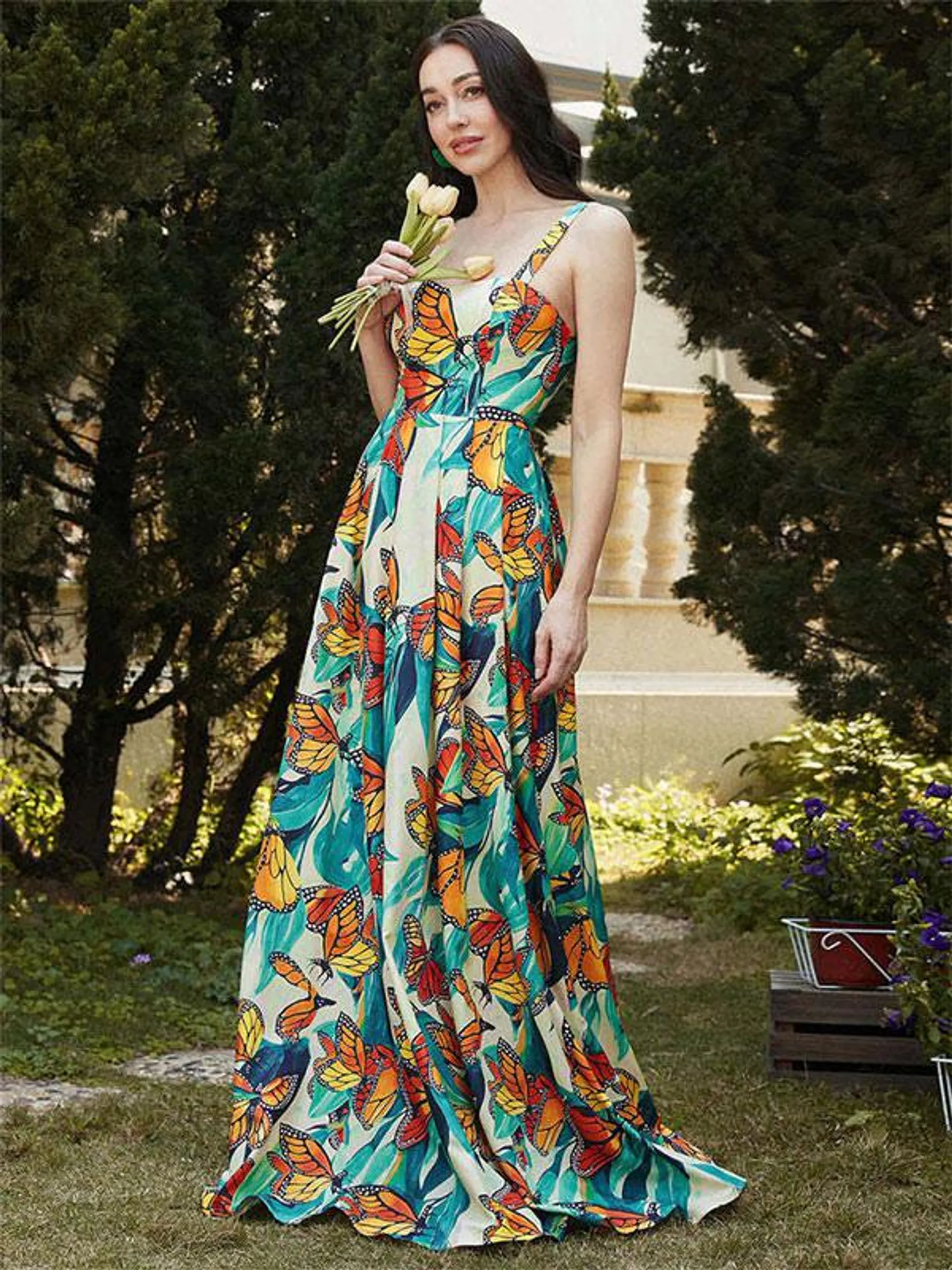 Print Maxi Dresses Floral Print Sleeveless Straps Neck Bohemian Oversized Backless Long Summer Dress