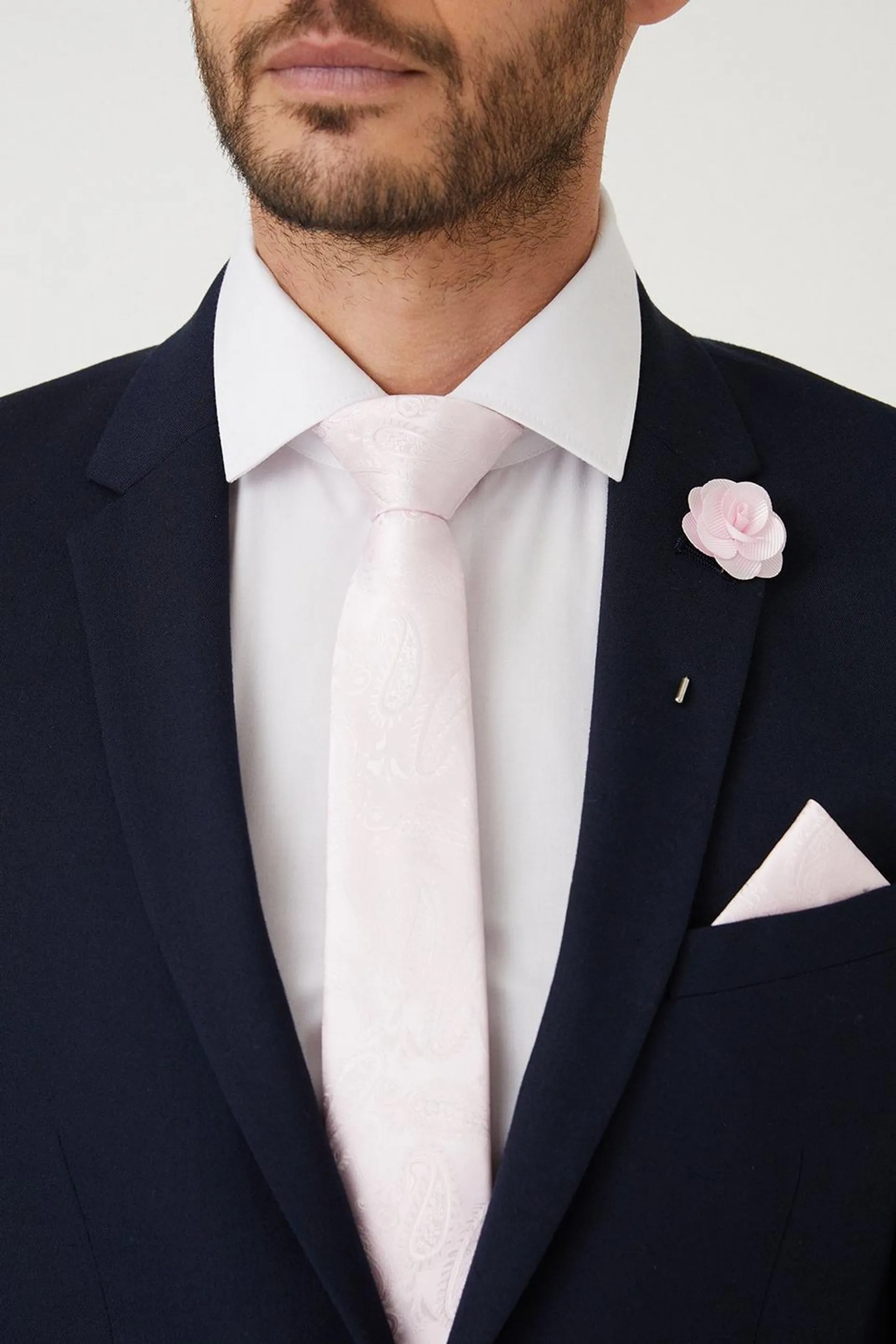 Baby Pink Wedding Paisley Tie Set With Lapel Pin
