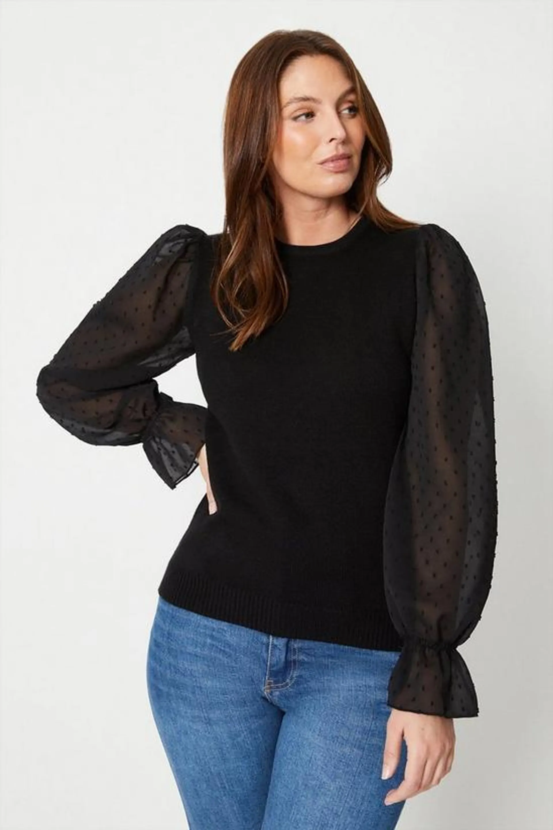 Broderie Sleeve Shirred Cuff Jumper