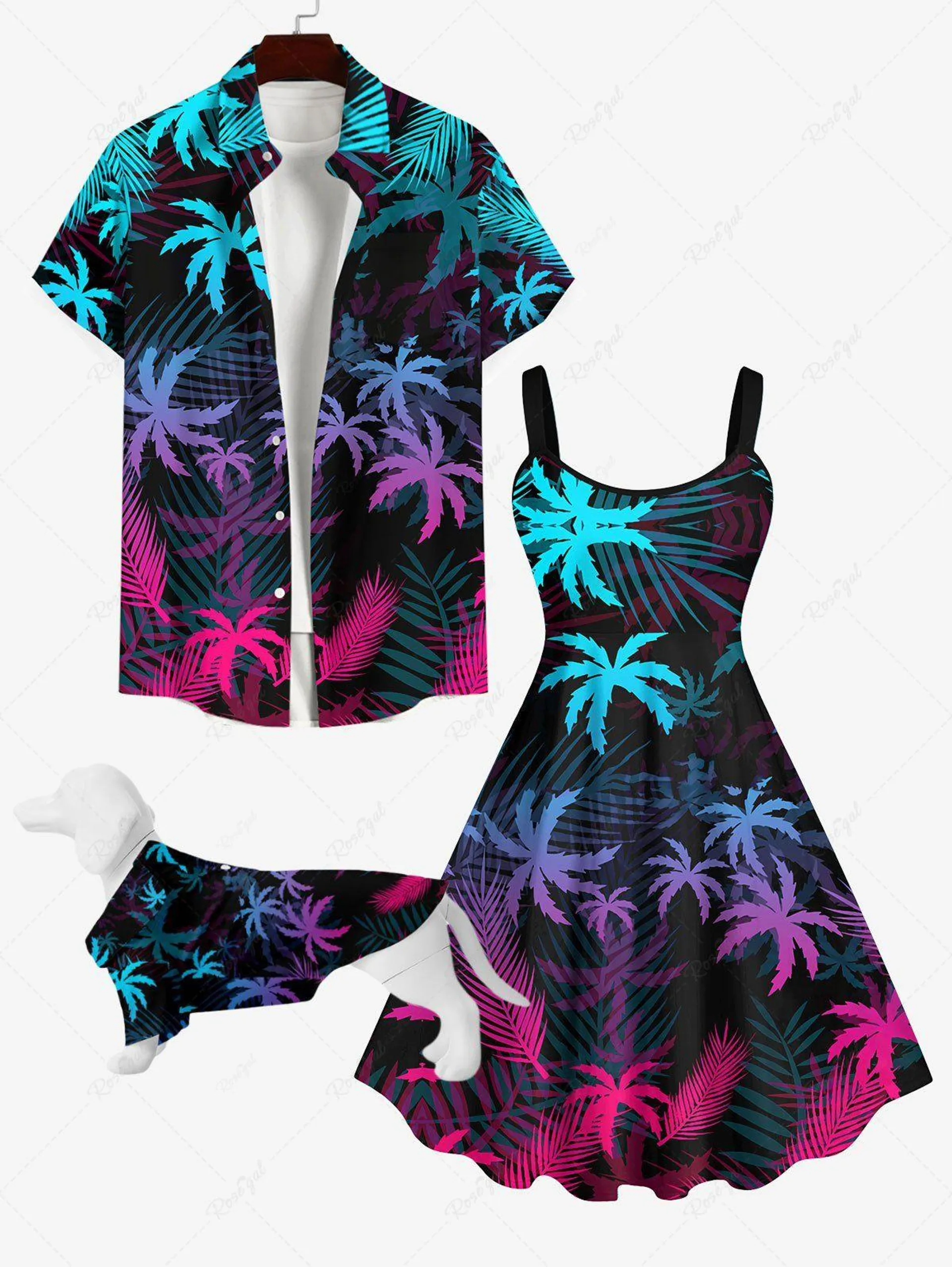 Ombre Coconut Tree Palm Leaf Print Hawaii Dog and Owner Matching Outfits