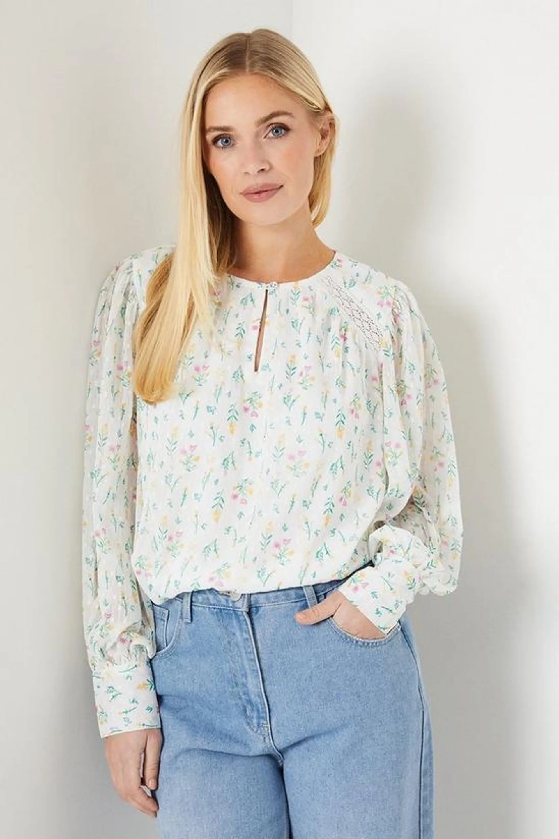 Petite Printed Dobby Chiffon Boho Blouse