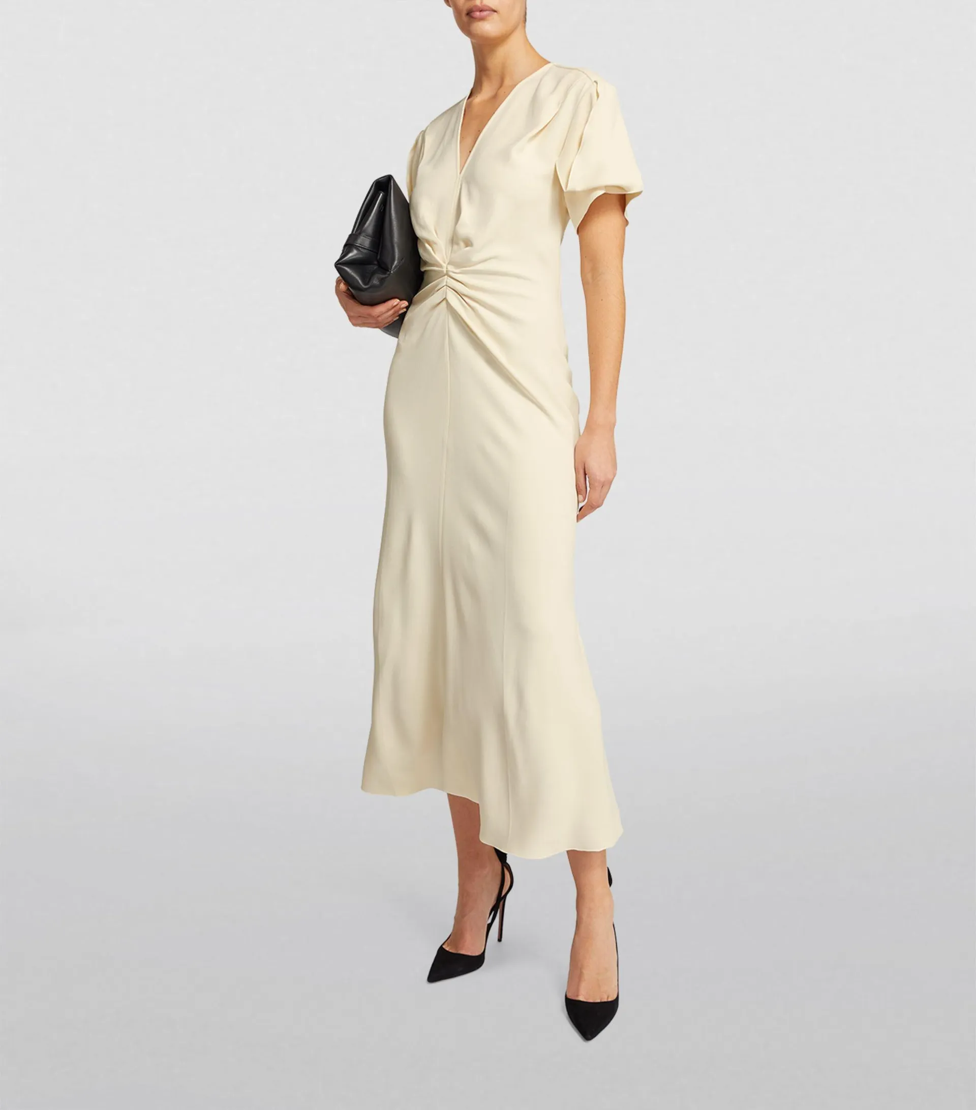 Gathered-Waist V-Neck Midi Dress