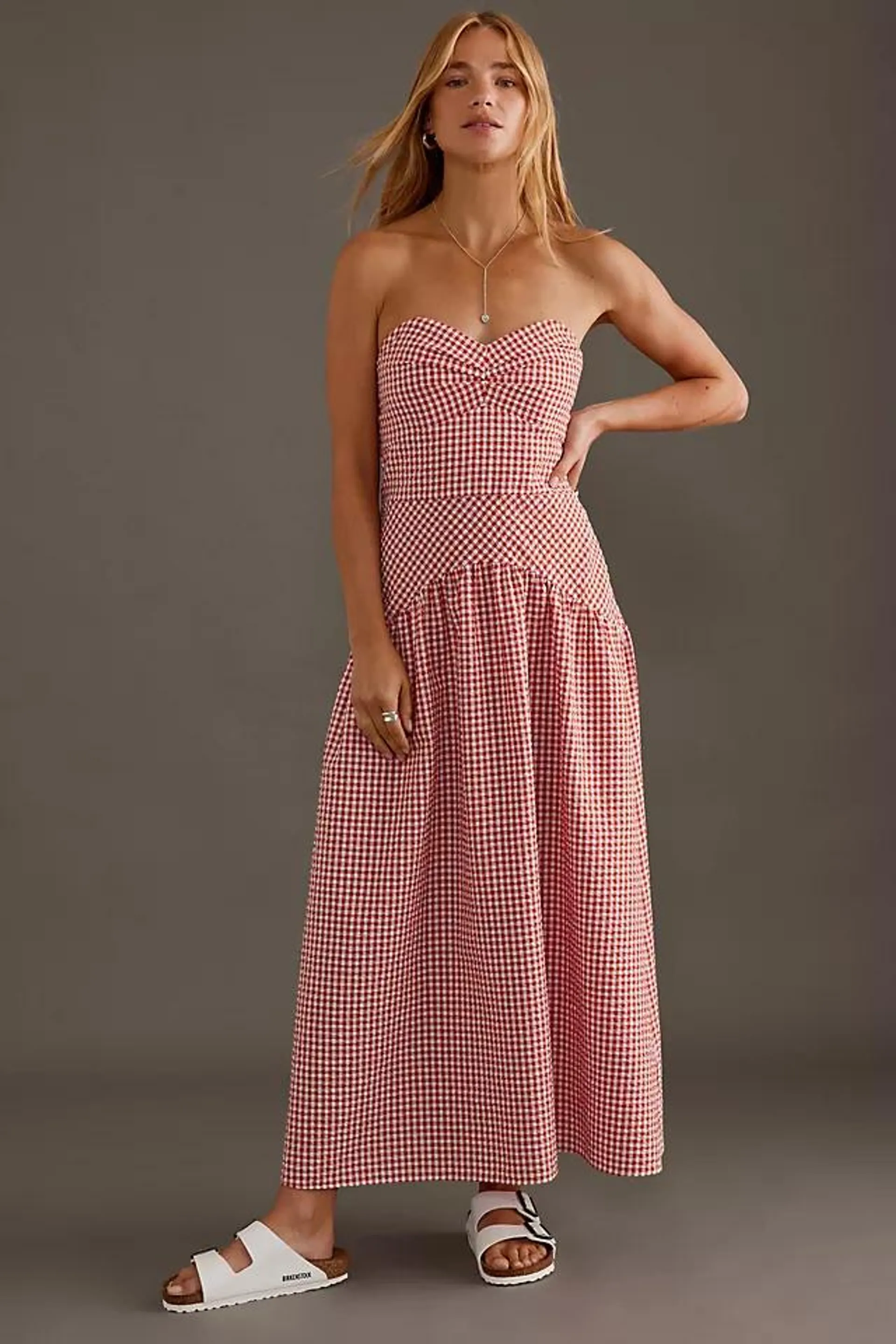 Strapless Gingham Midi Dress