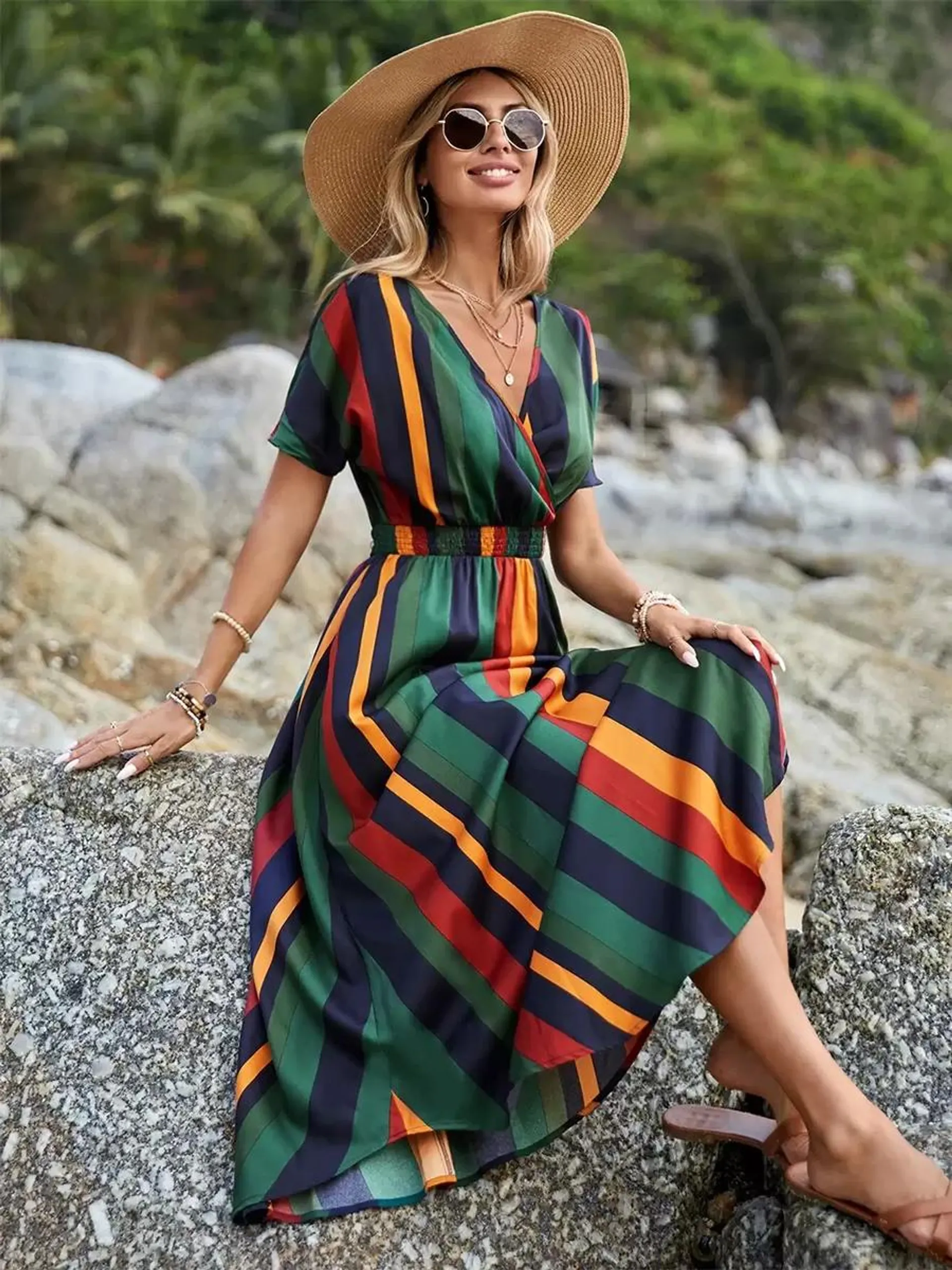 Summer Dress V-Neck Stripes Green Long Beach Dress