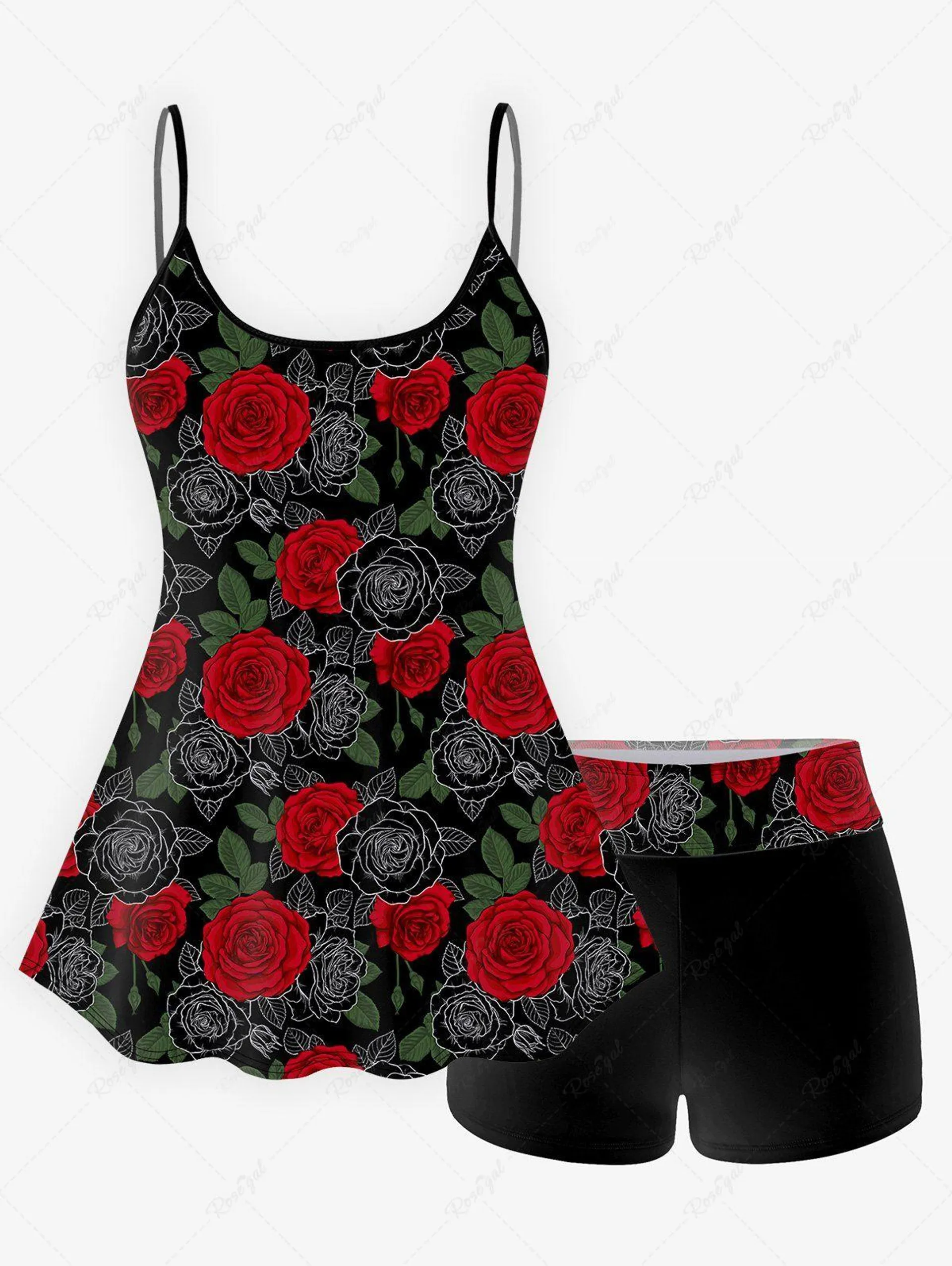 Rose Leaf Print Boyshorts Tankini Swimsuit (Adjustable Shoulder Strap) - 2x