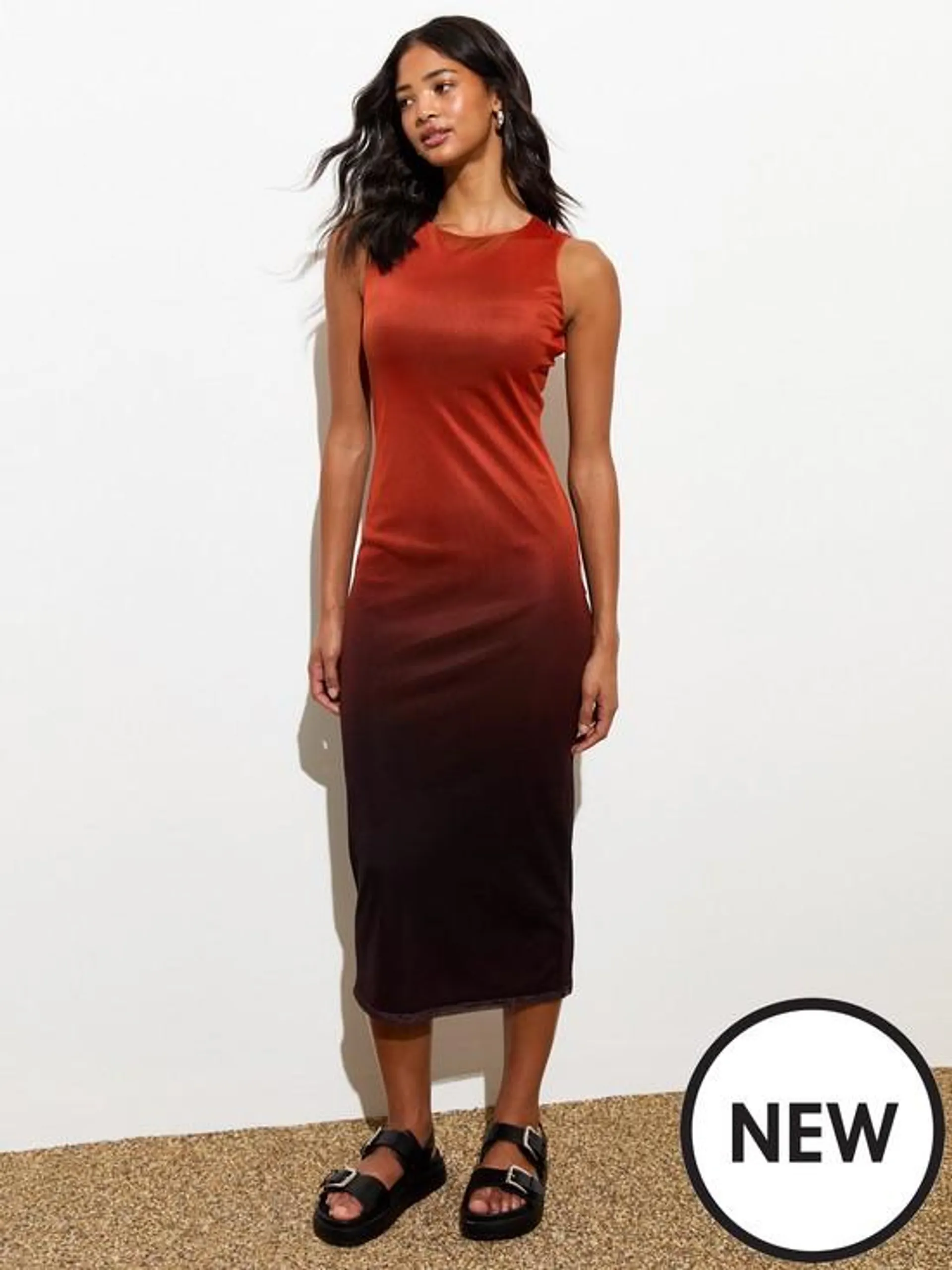 Red Ombre Print Sleeveless Mesh Midi Dress