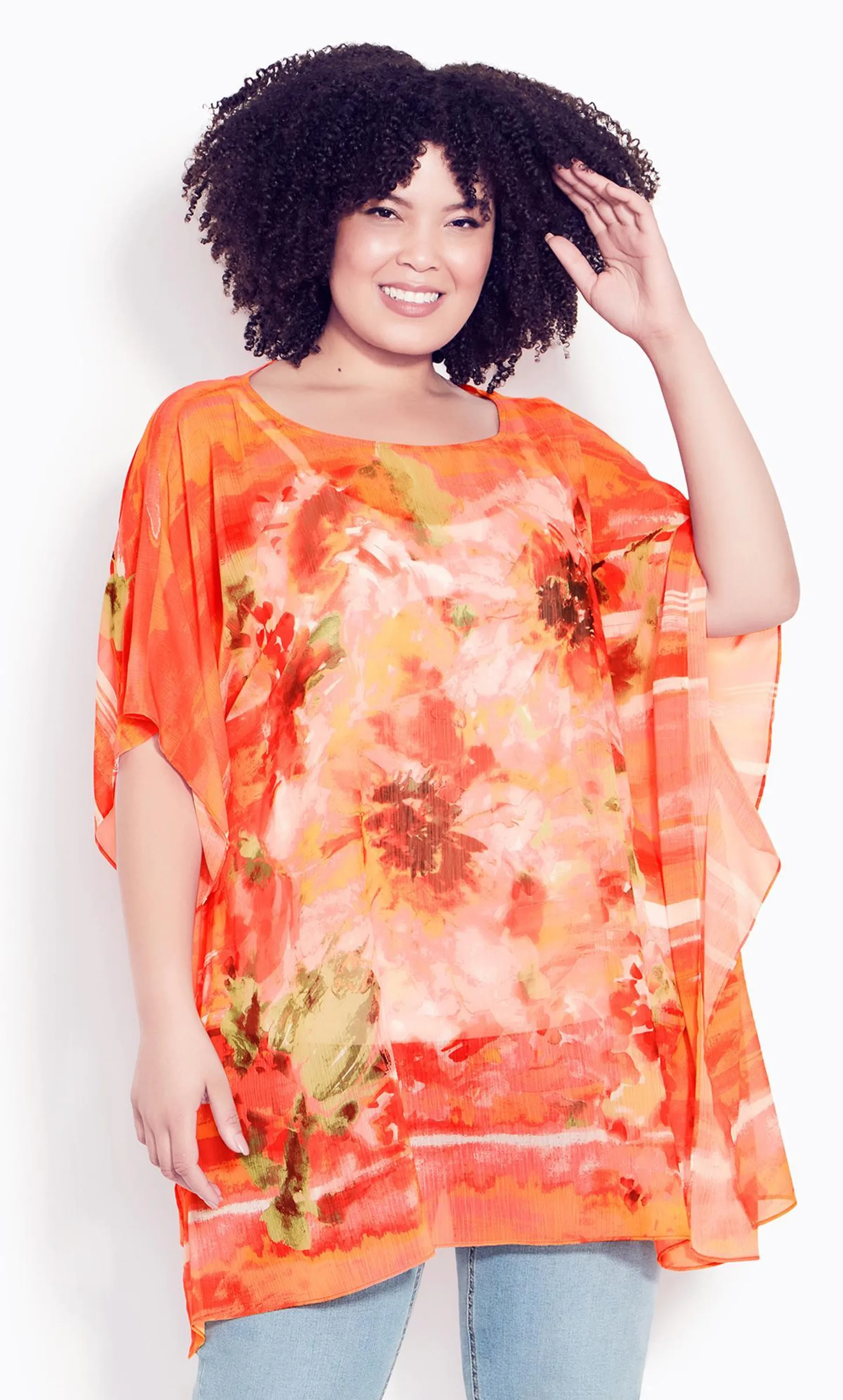 Evans Orange Floral Print Chiffon Blouse