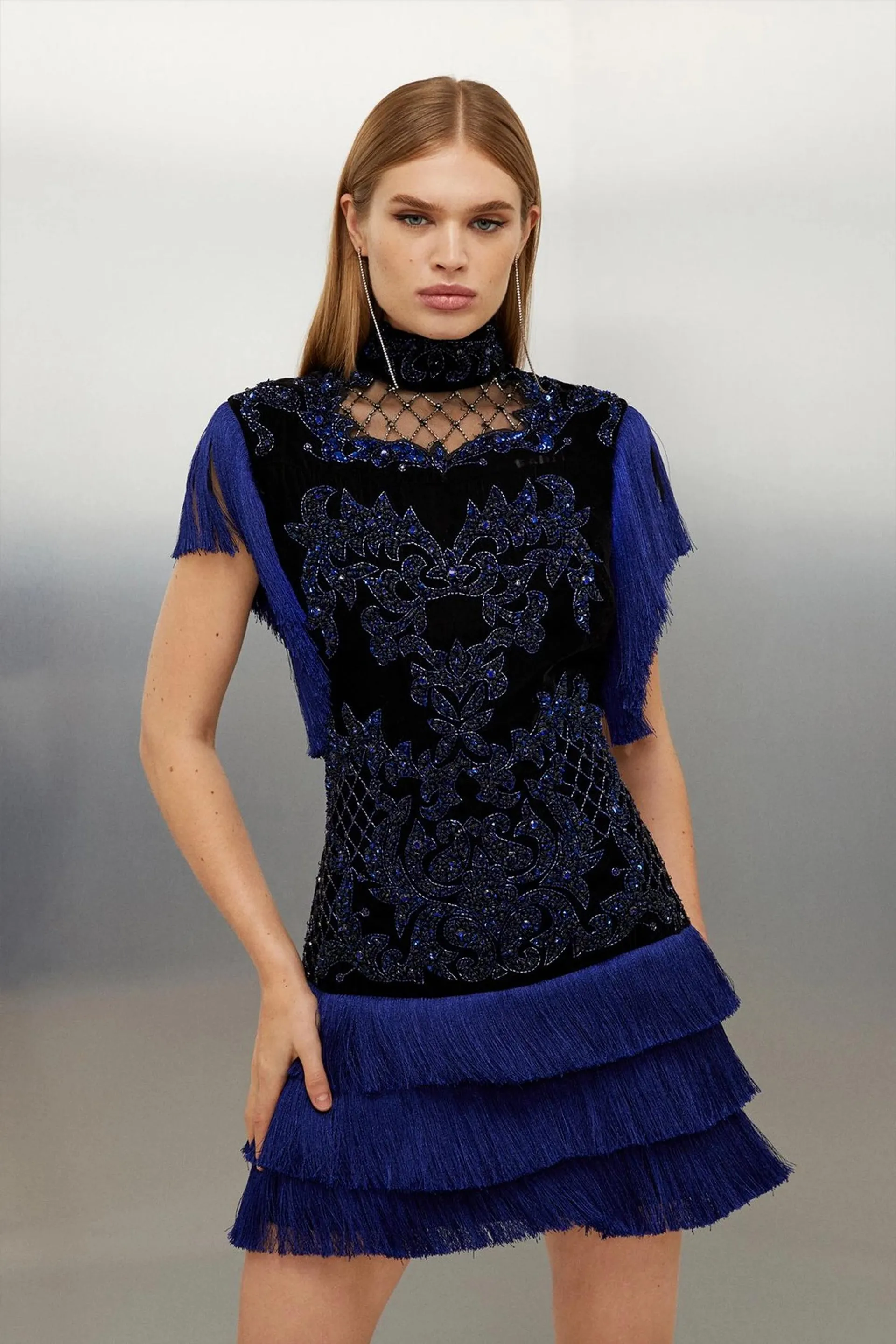 Petite Velvet Baroque Fringe Woven Mini Dress