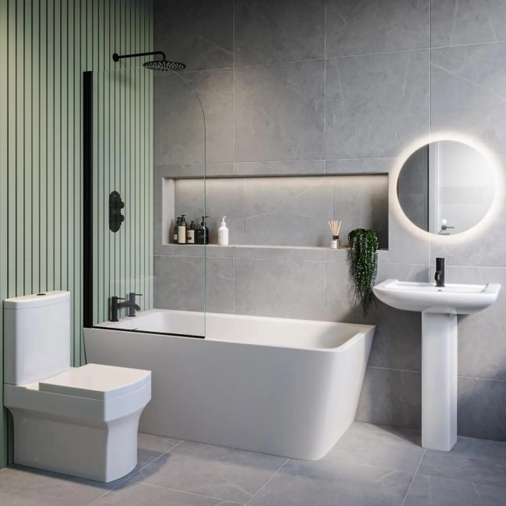 Black Freestanding Left Hand Shower Bath Suite with Toilet and Basin - Kona