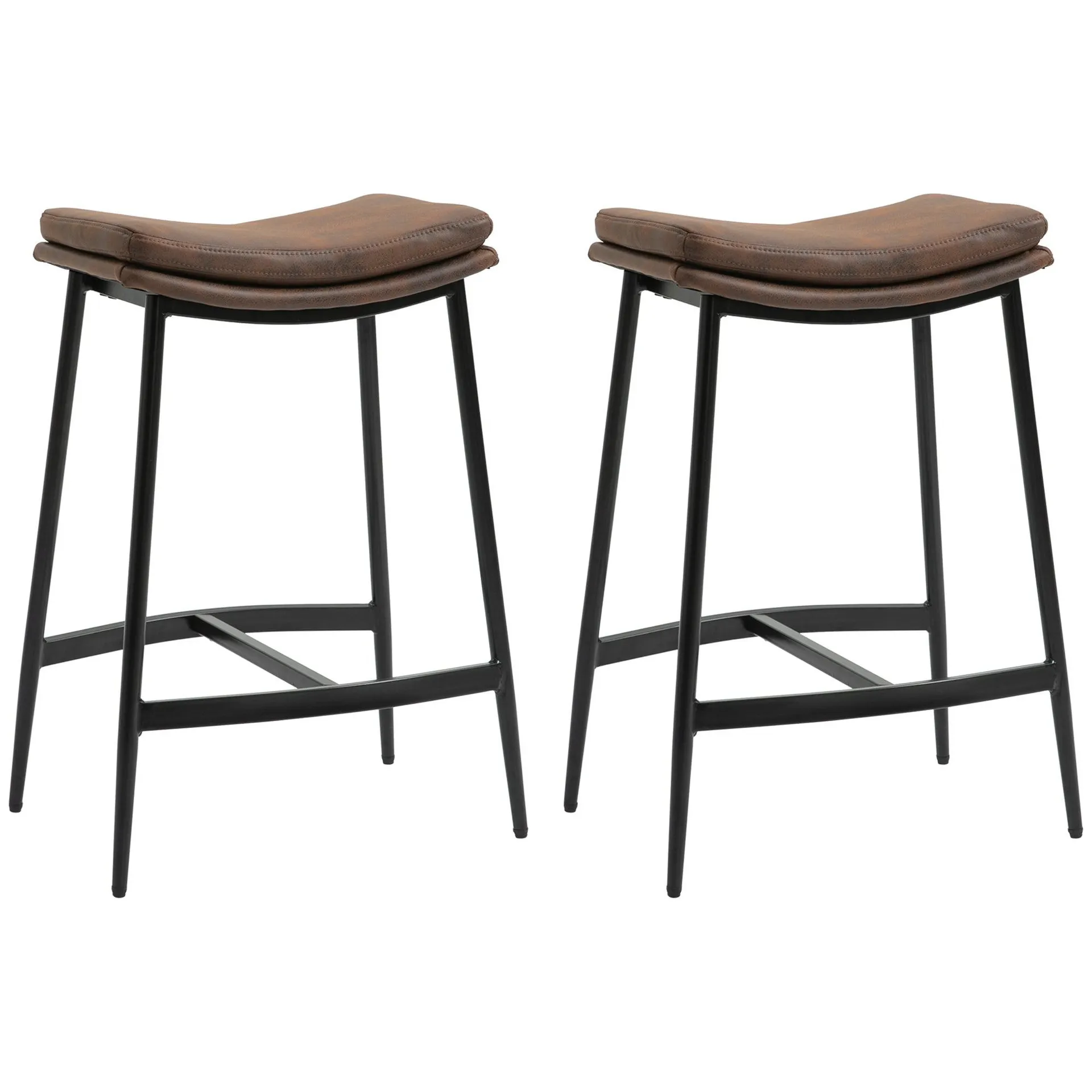 HOMCOM Breakfast Bar Stools Set of 2 Upholstered Barstools w/ Curved Seat Brown