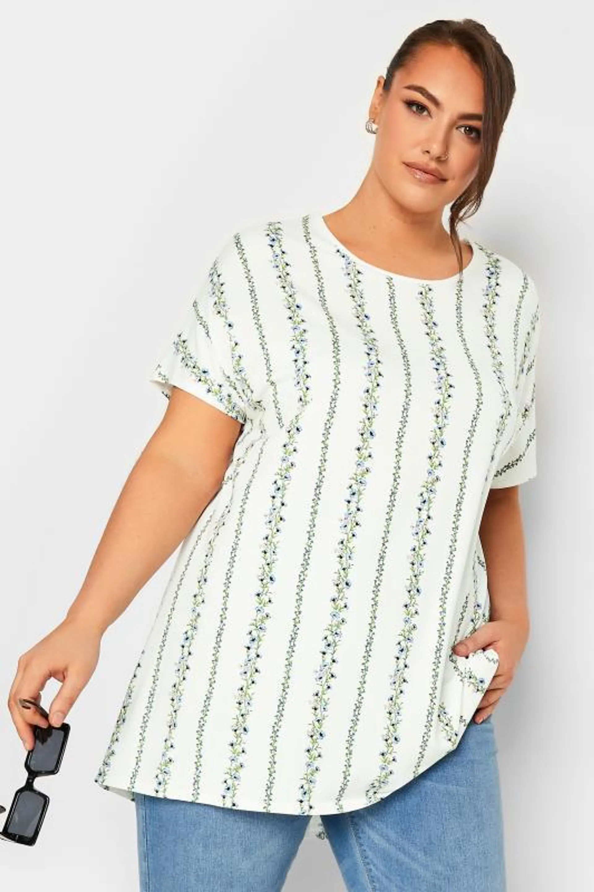 YOURS Curve White Floral Round Neck Top