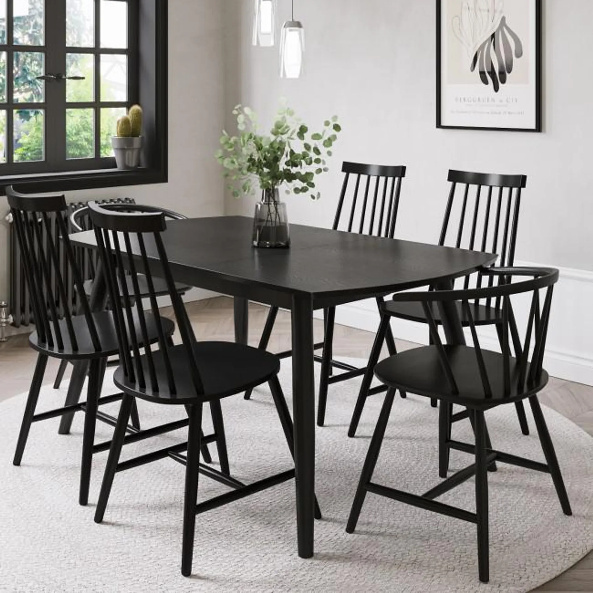Black Wooden Extendable Dining Table with 4 Spindle Dining Chairs & 2 Curved Back Spindle Dining Chairs - Olsen