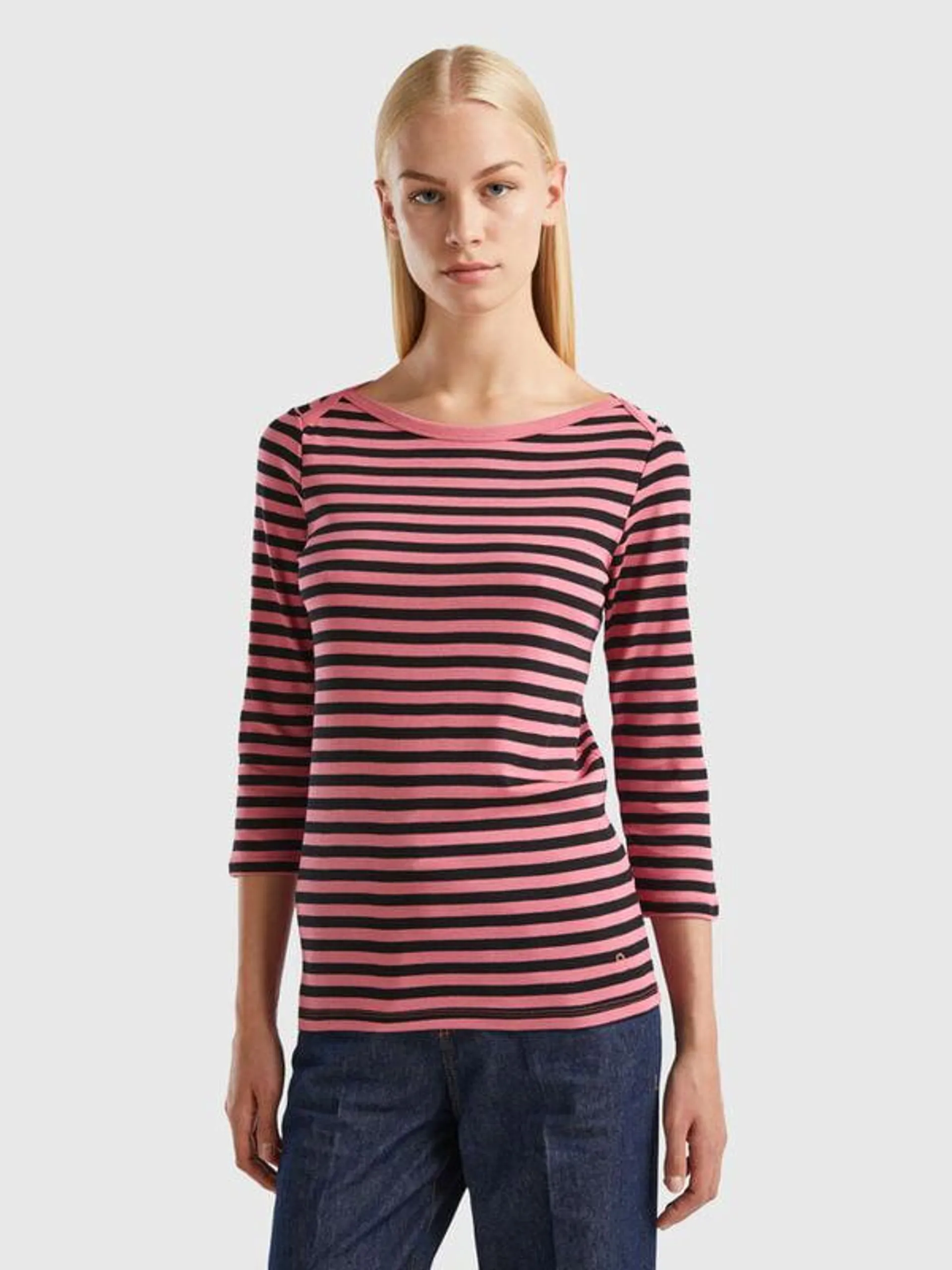 Striped 3/4 sleeve t-shirt in 100% cotton