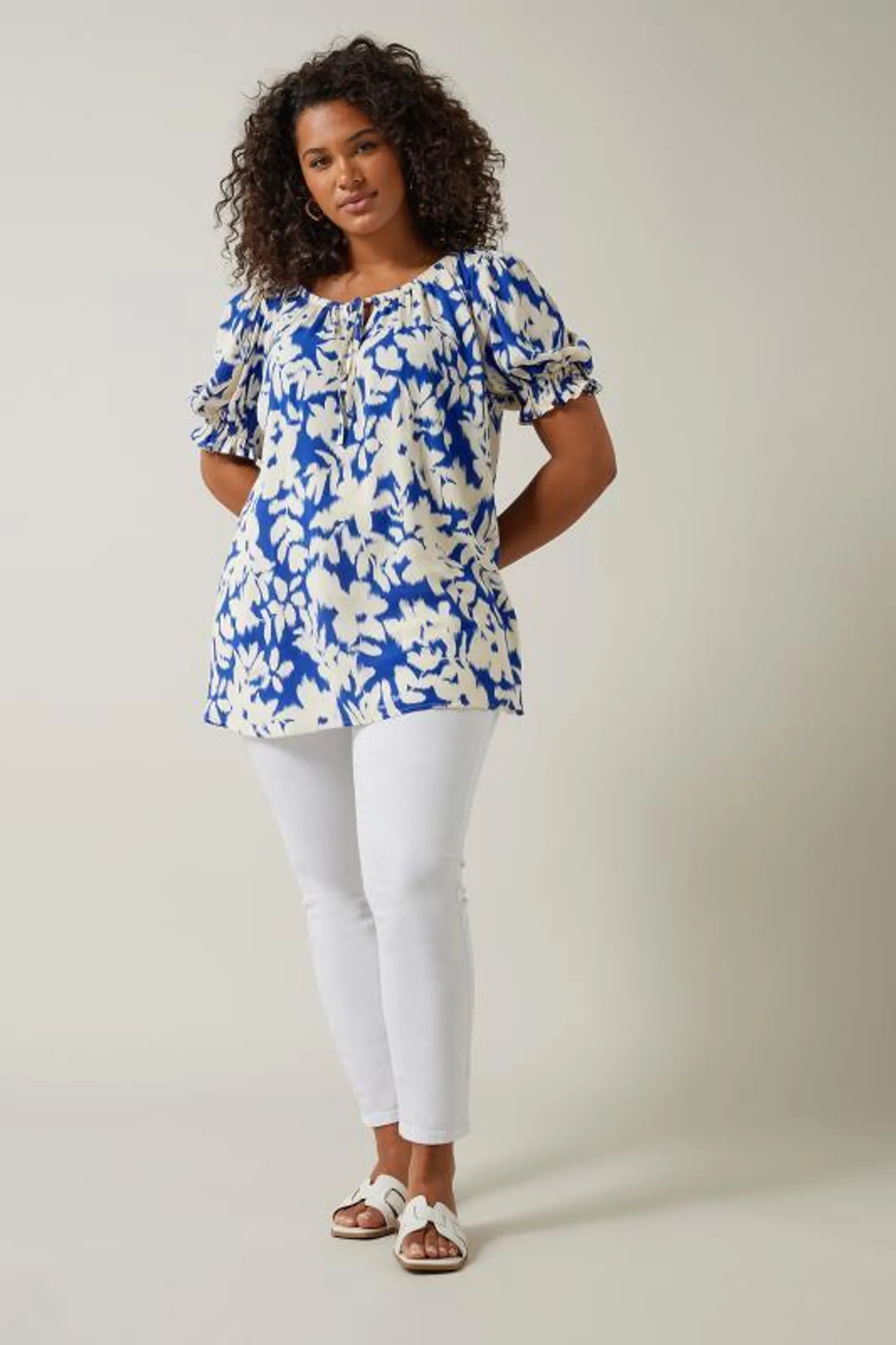 EVANS Curve Blue Floral Blur Print Tie Front Top