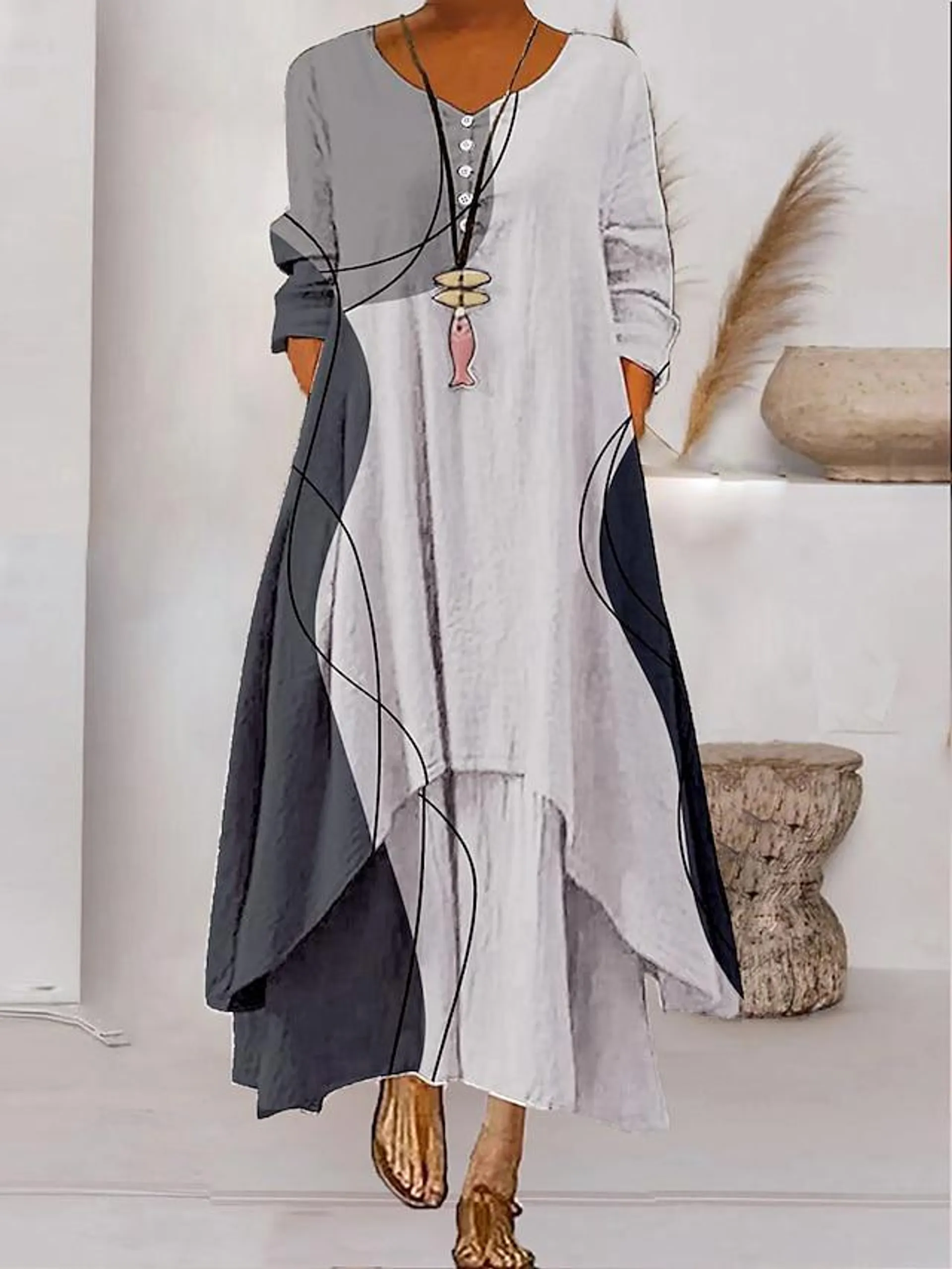 Women's Color Block Long Maxi Dress Button Layered Casual Dress Swing Dress Print Dress Fashion Modern Daily Vacation Weekend 3/4 Length Sleeve Crew Neck Dress Loose Fit Silver Black White
