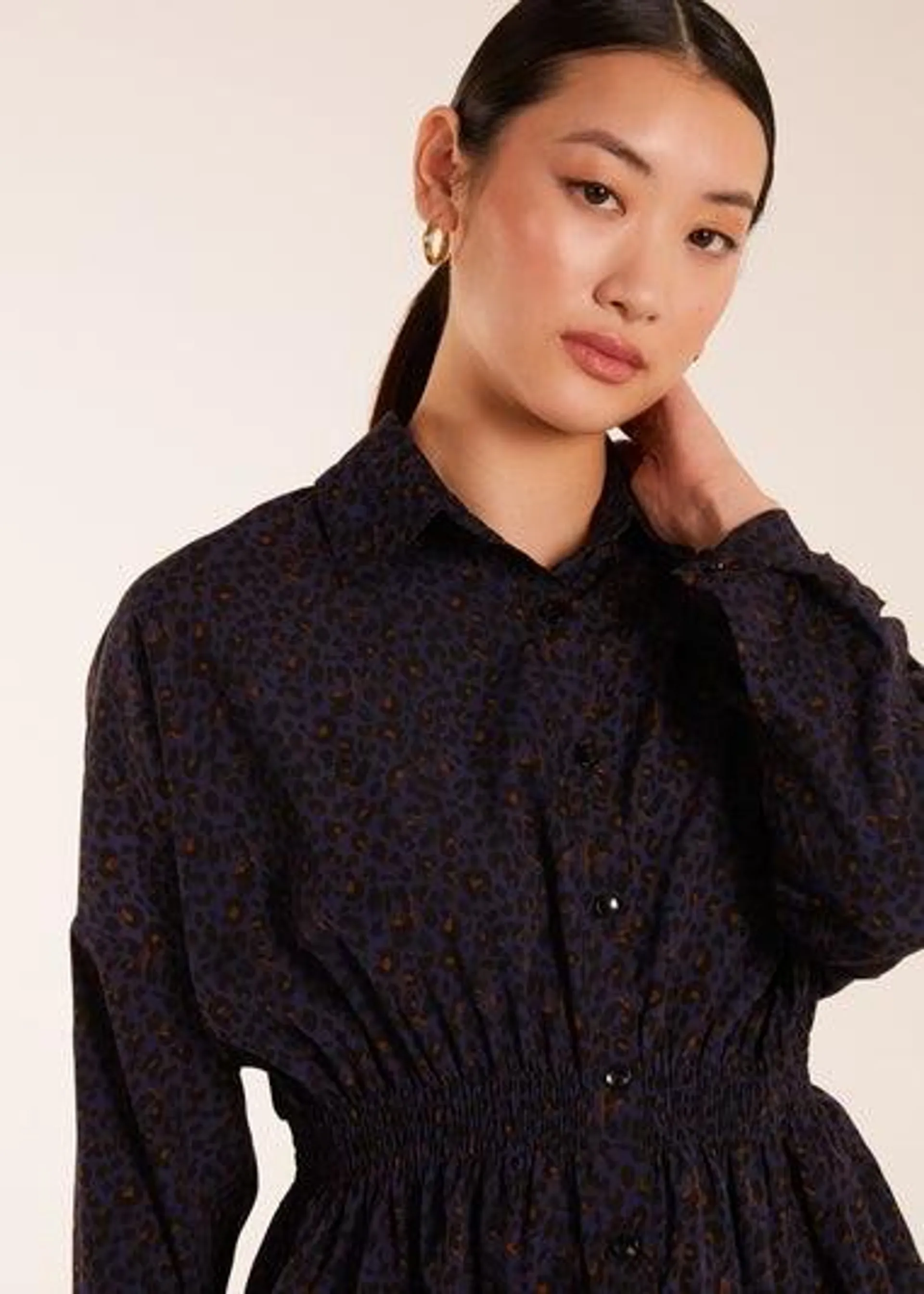 Blue Vanilla Leopard Print Shirred Waist Shirt