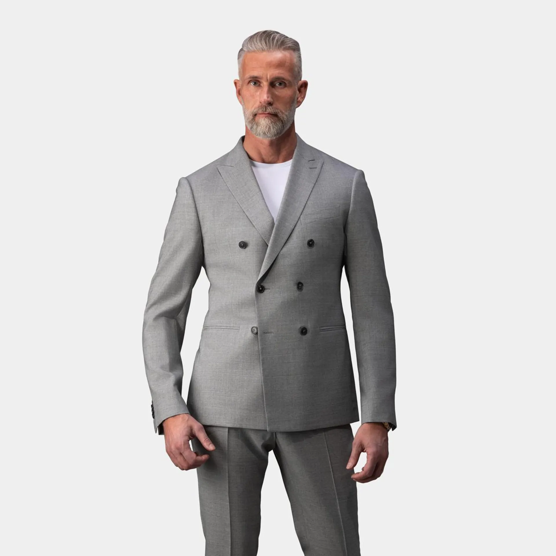 Light gray three-piece suit