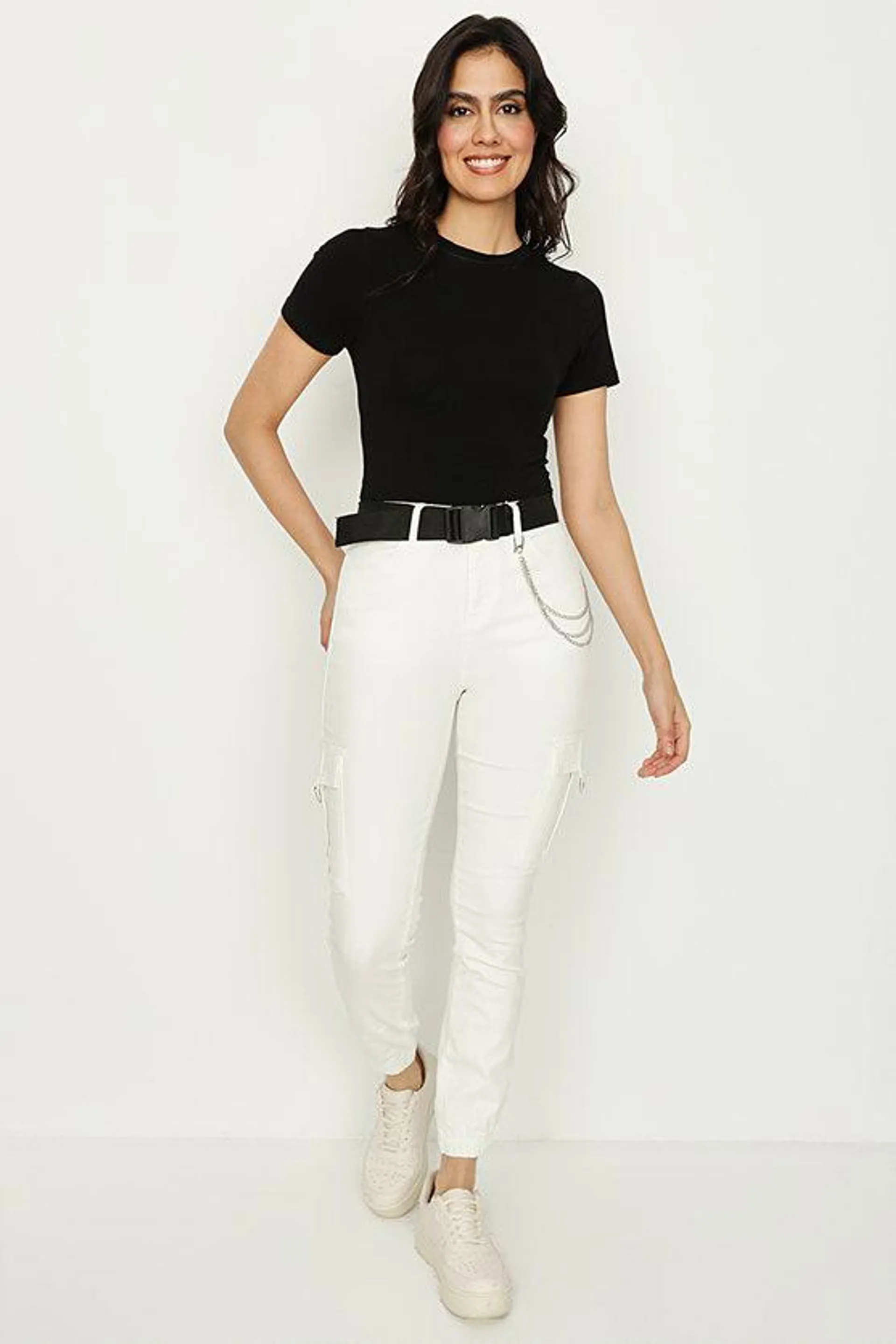 White D-Ring Chain Cargo Trousers
