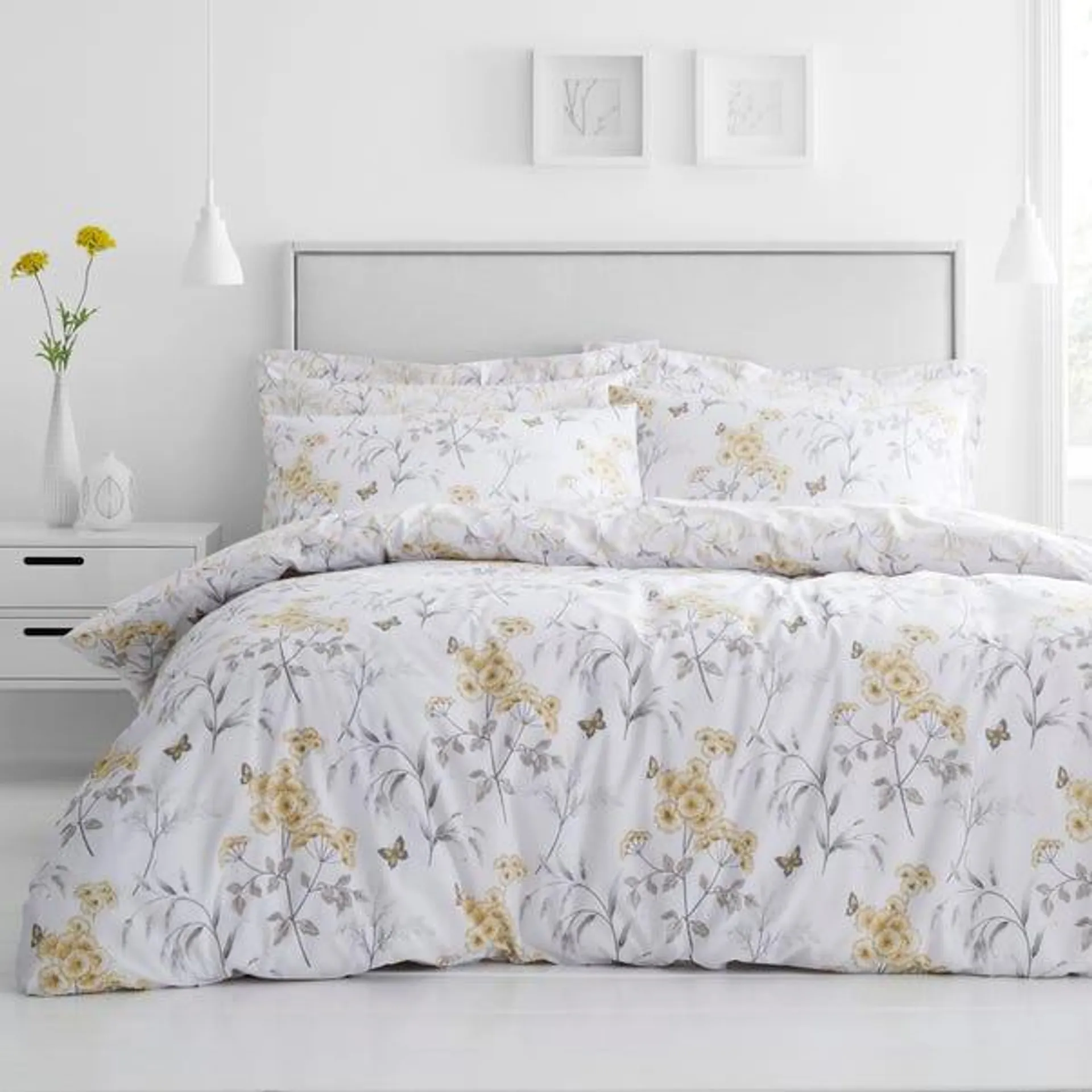 Maria Ochre Reversible Floral Duvet Cover and Pillowcase Set