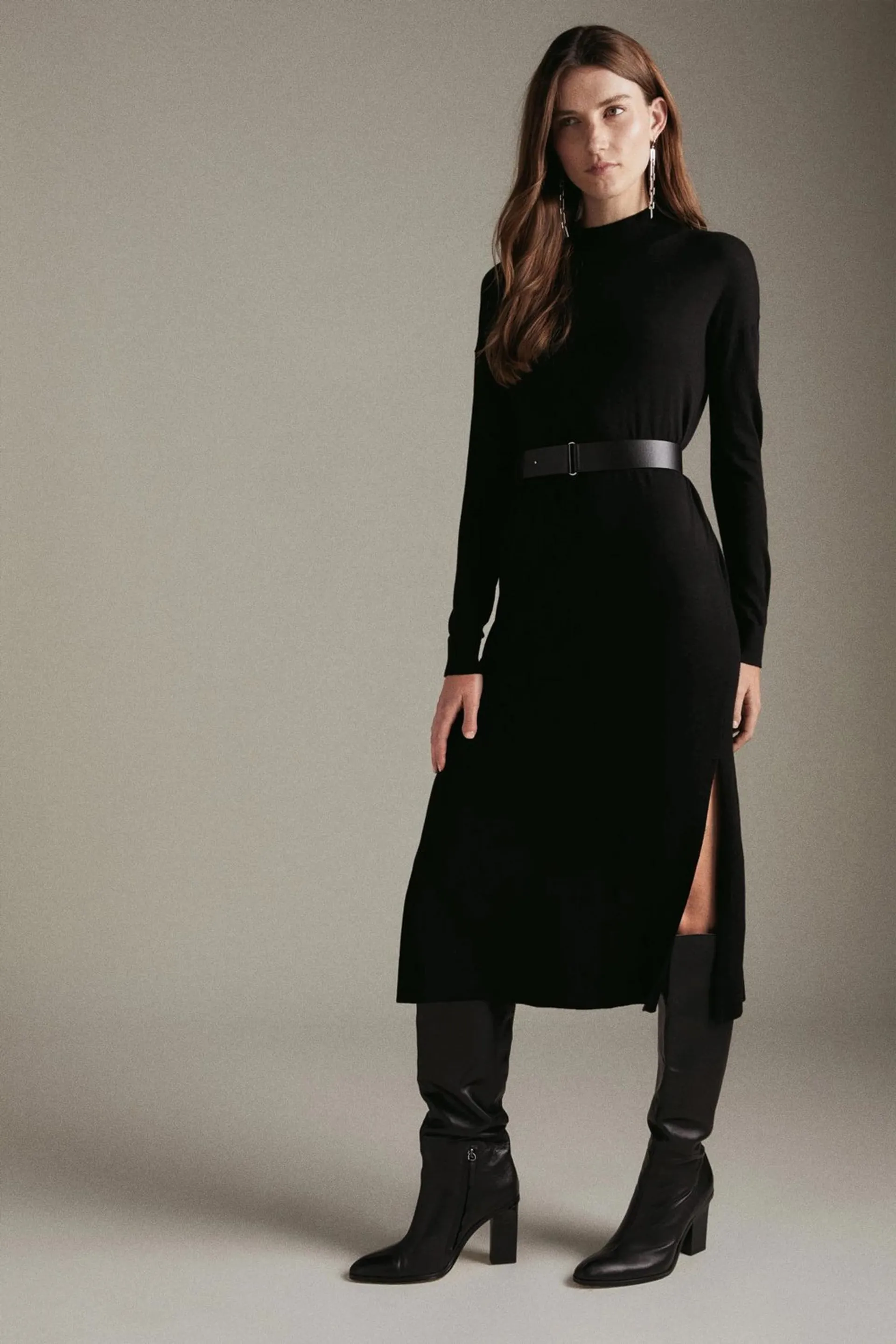 Cashmere Blend Funnel Neck Belted Knit Midi Dress