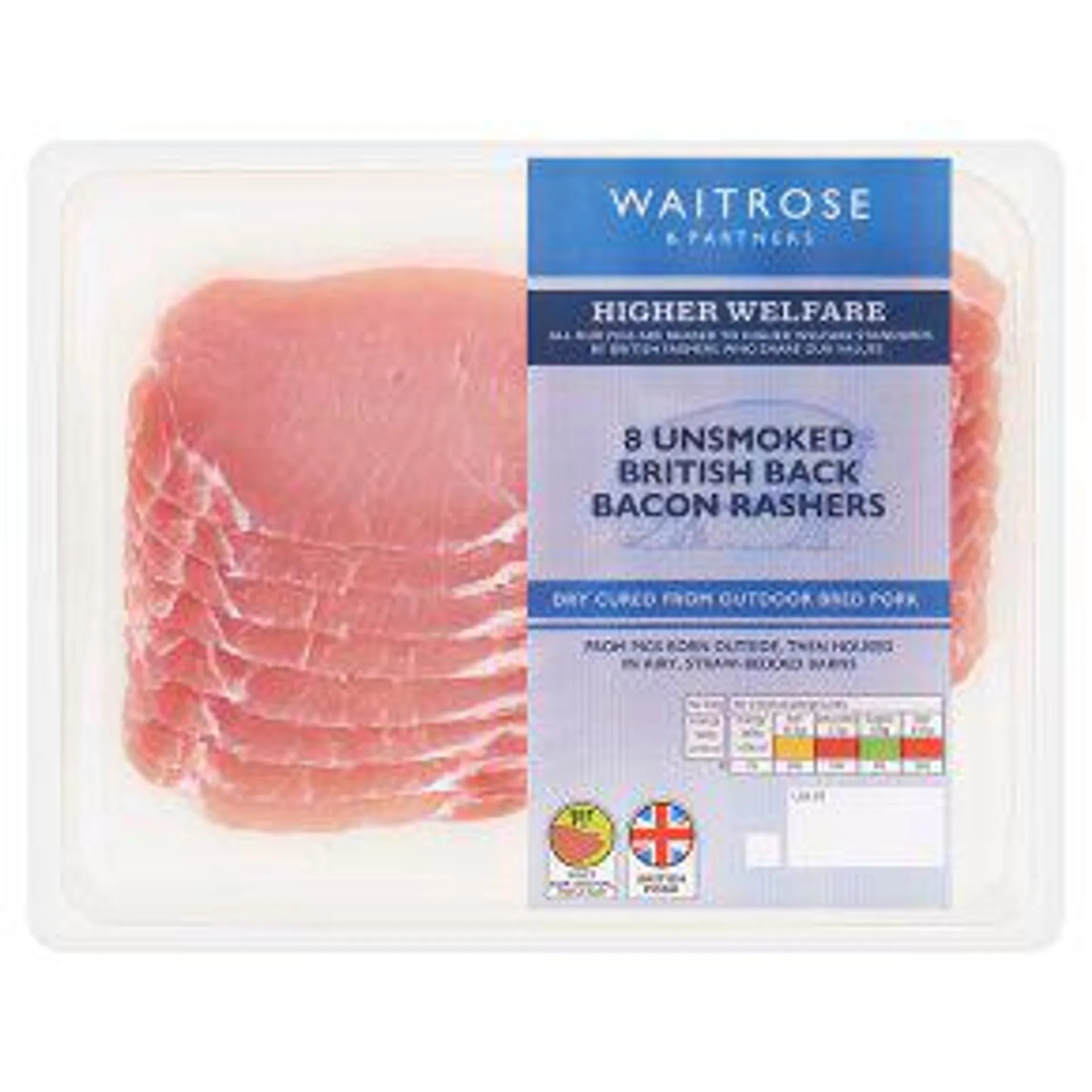 Waitrose 8 Dry Cured Unsmoked Back Bacon Rashers