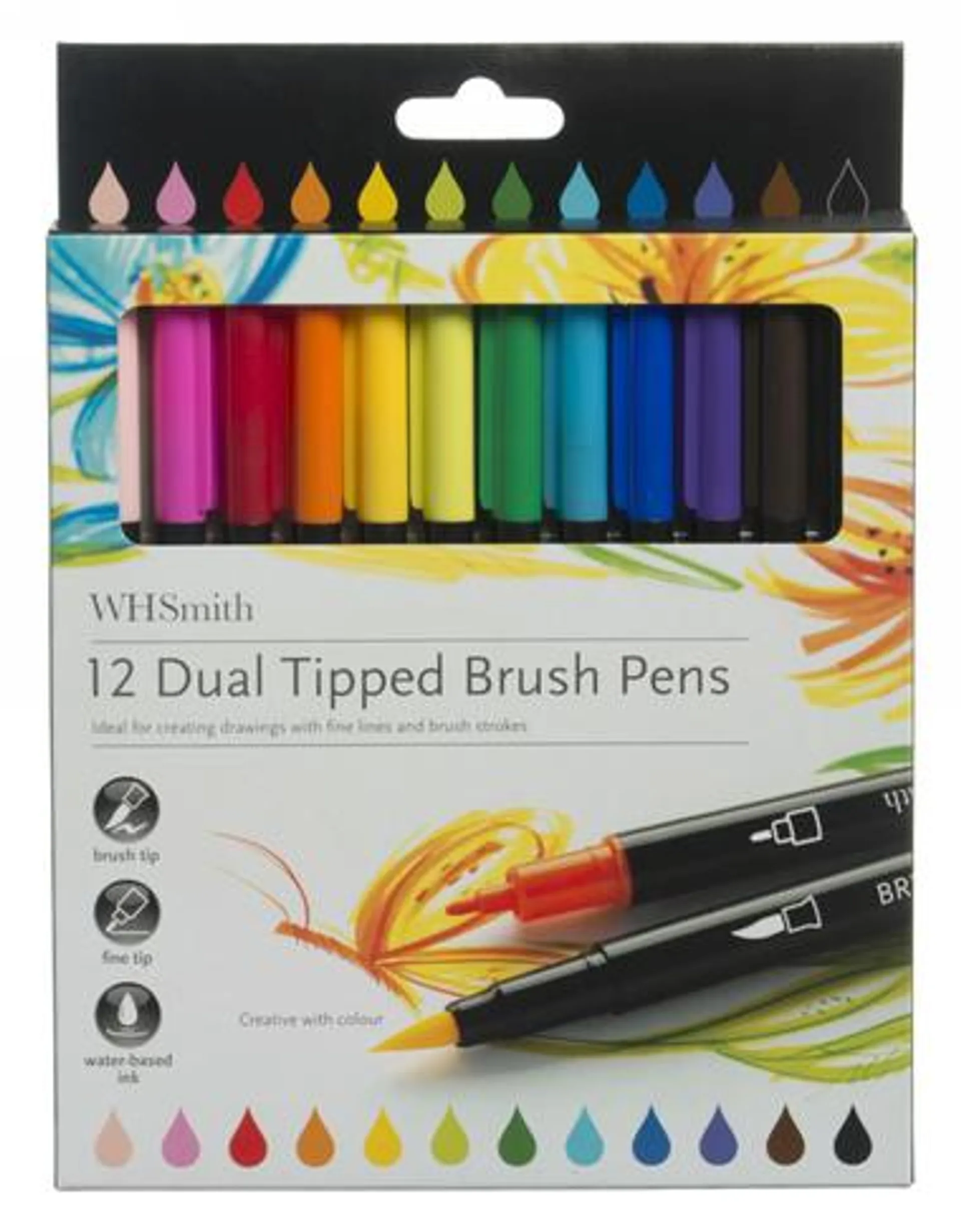 WHSmith 12 Dual Tipped Brush Pens, Fine Nib, Various Ink