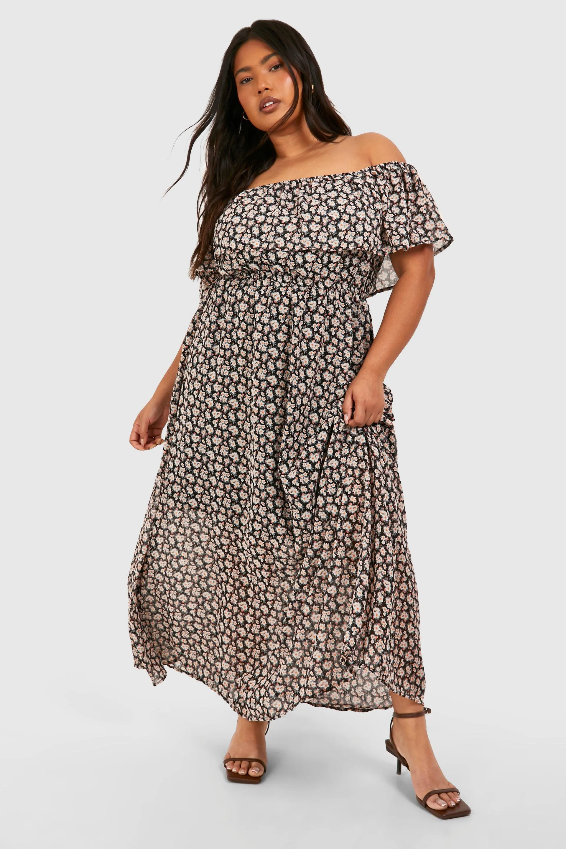 Plus Floral Ruffle Bardot Maxi Dress