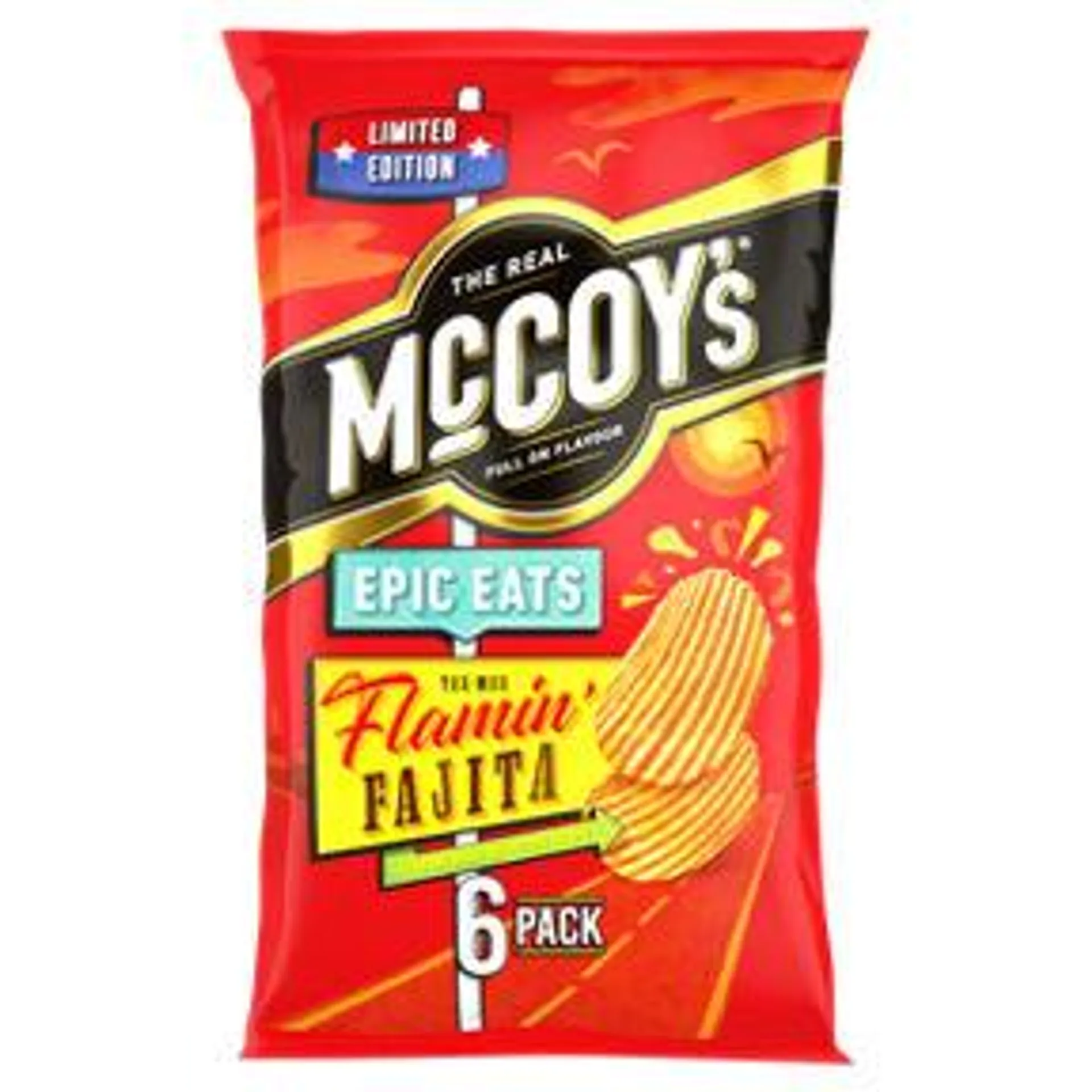 McCoy's Limited Edition Epic Eats Tex-Mex Flamin' Fajita Flavour Ridge Cut Potato Crisps 6 x 25g