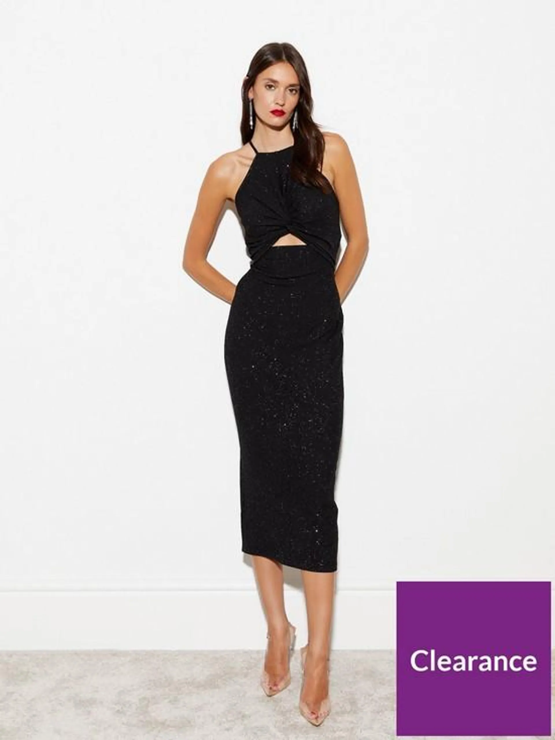 Black Glitter Twist Front Midi Dress