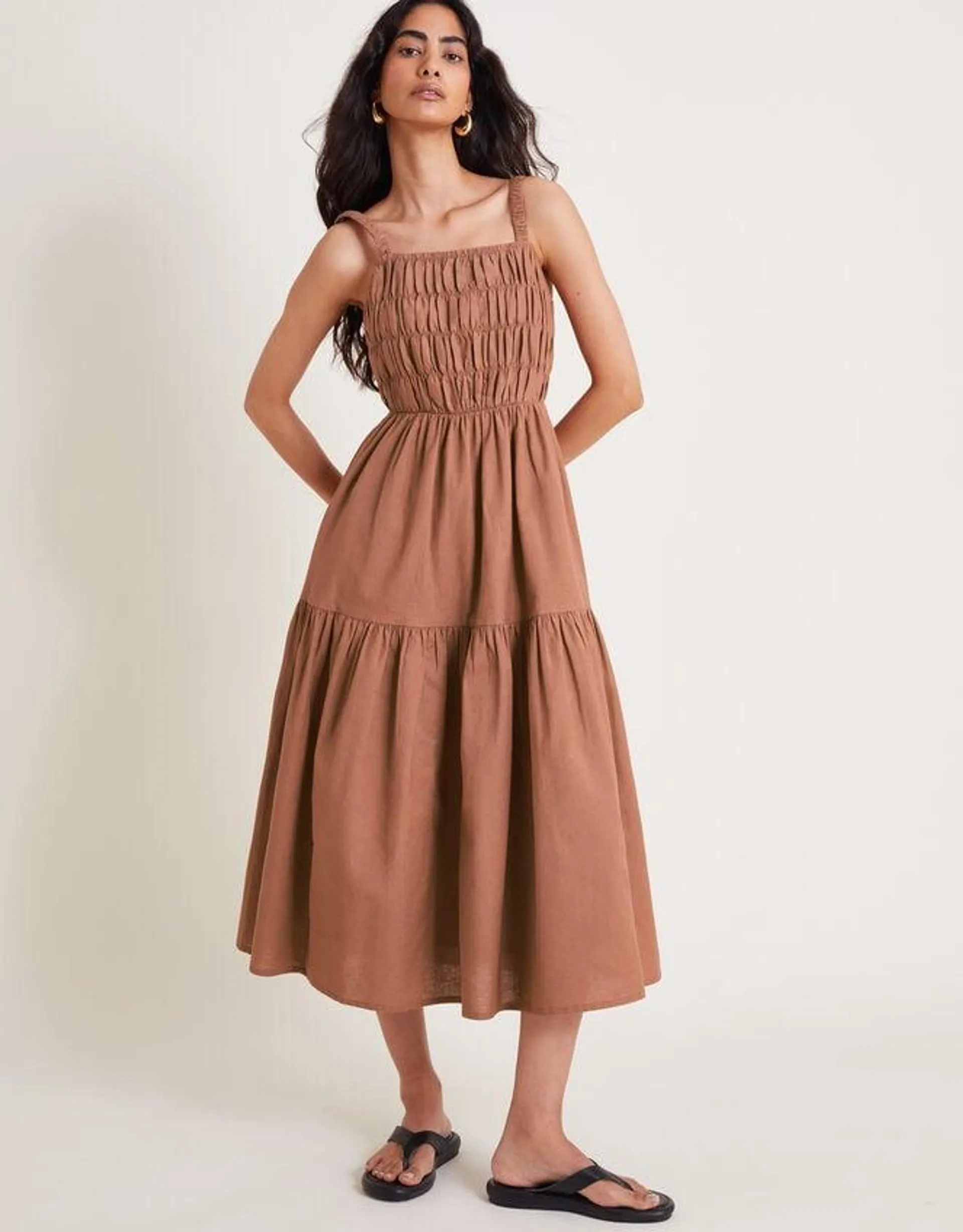 Nisha Smocked Sleeveless Midi Dress Brown