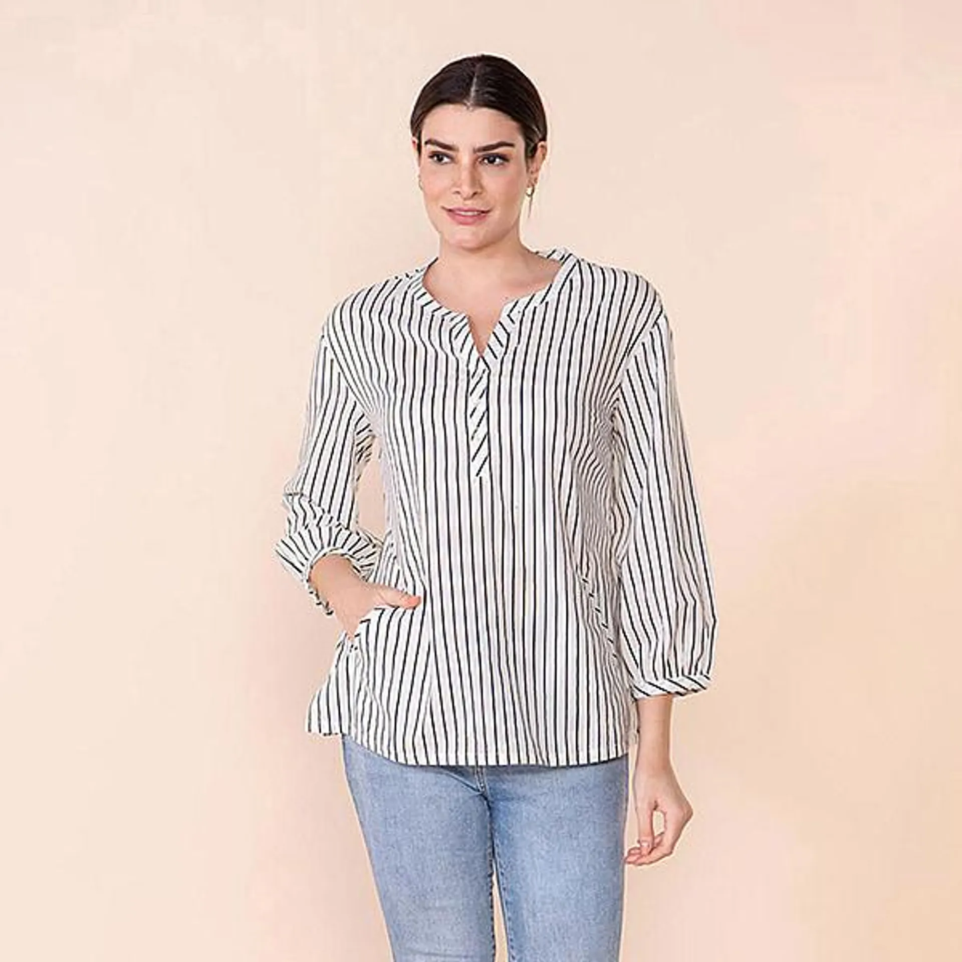 TAMSY 100% Cotton Vertical Stripe Pattern Shirt - Black and White