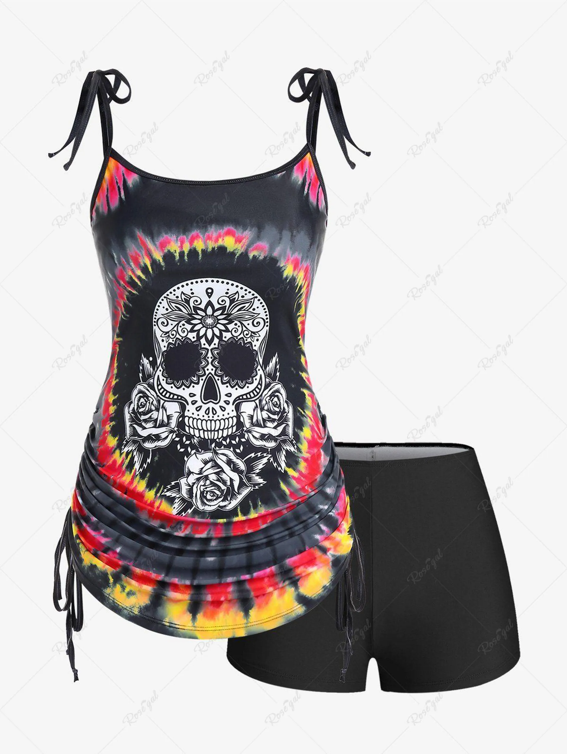 Plus Size Skull Rose Tie Dye Print Cinched Ruched Tie Boyshorts Tankini Swimsuit - 4x | Us 26-28