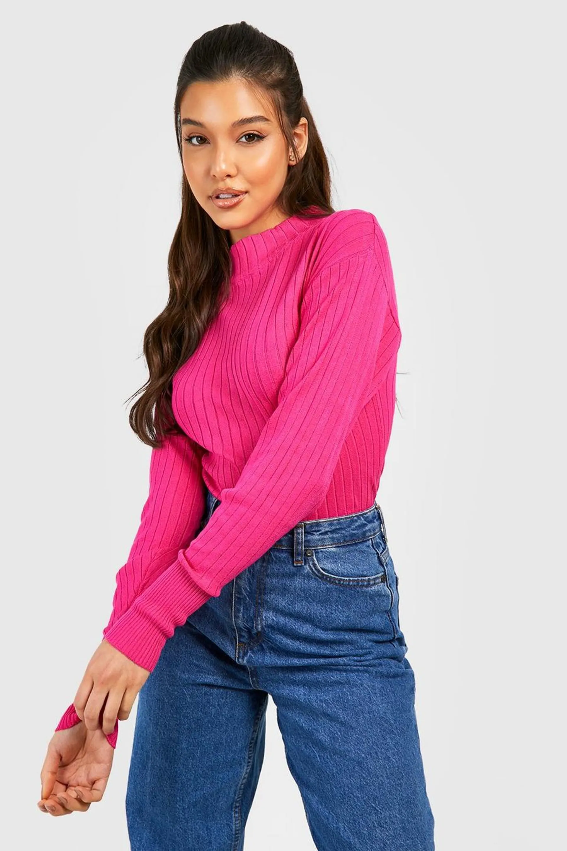 Ribbed Funnel Neck Knitted Jumper