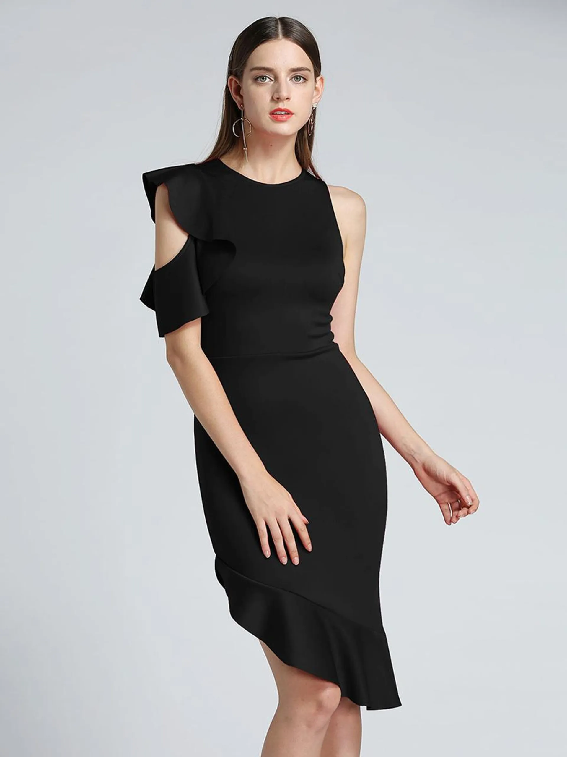 Bodycon Dresses Black Jewel Neck Ruffles Chic Short Sleeves Pencil Dress