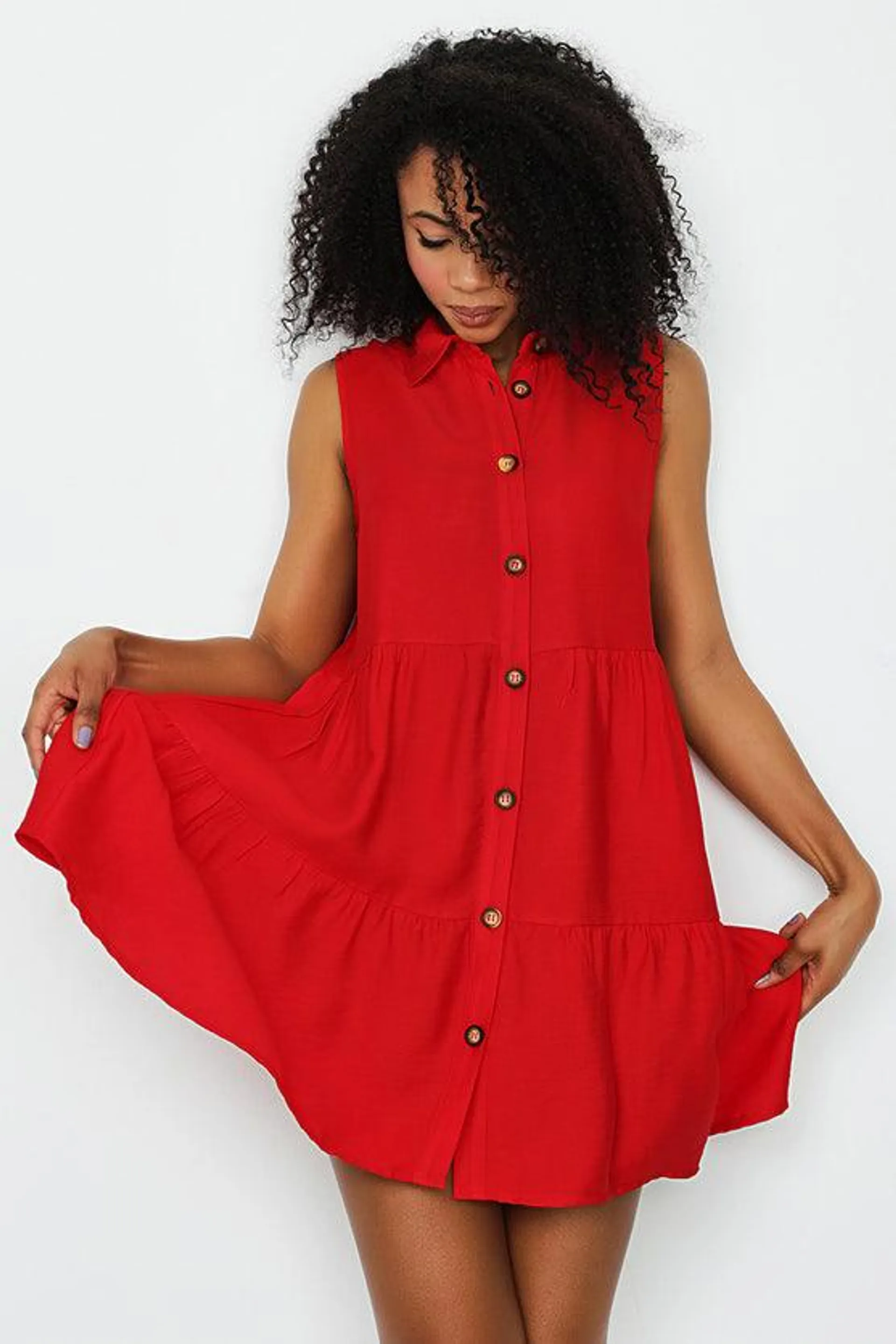 Red Sleeveless Linen Shirt Dress