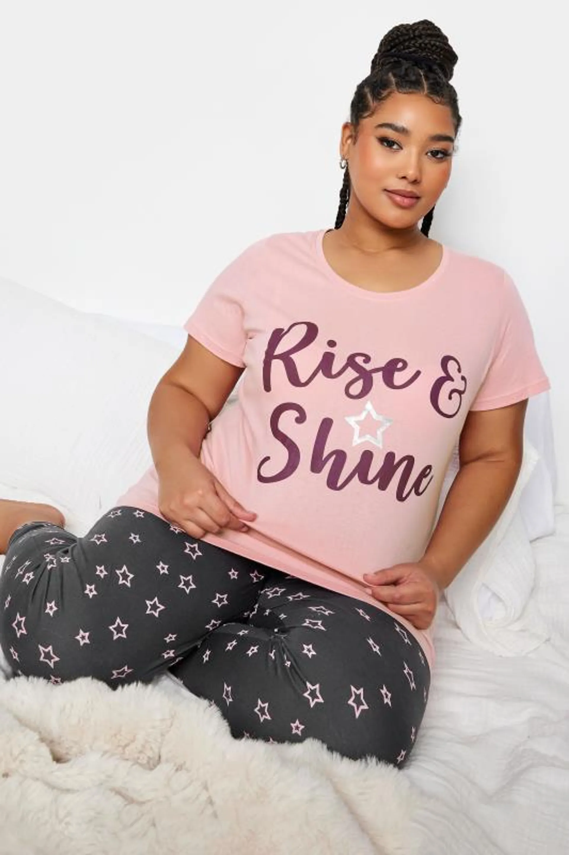 YOURS Curve Pink 'Rise & Shine' Star Print Pyjama Set