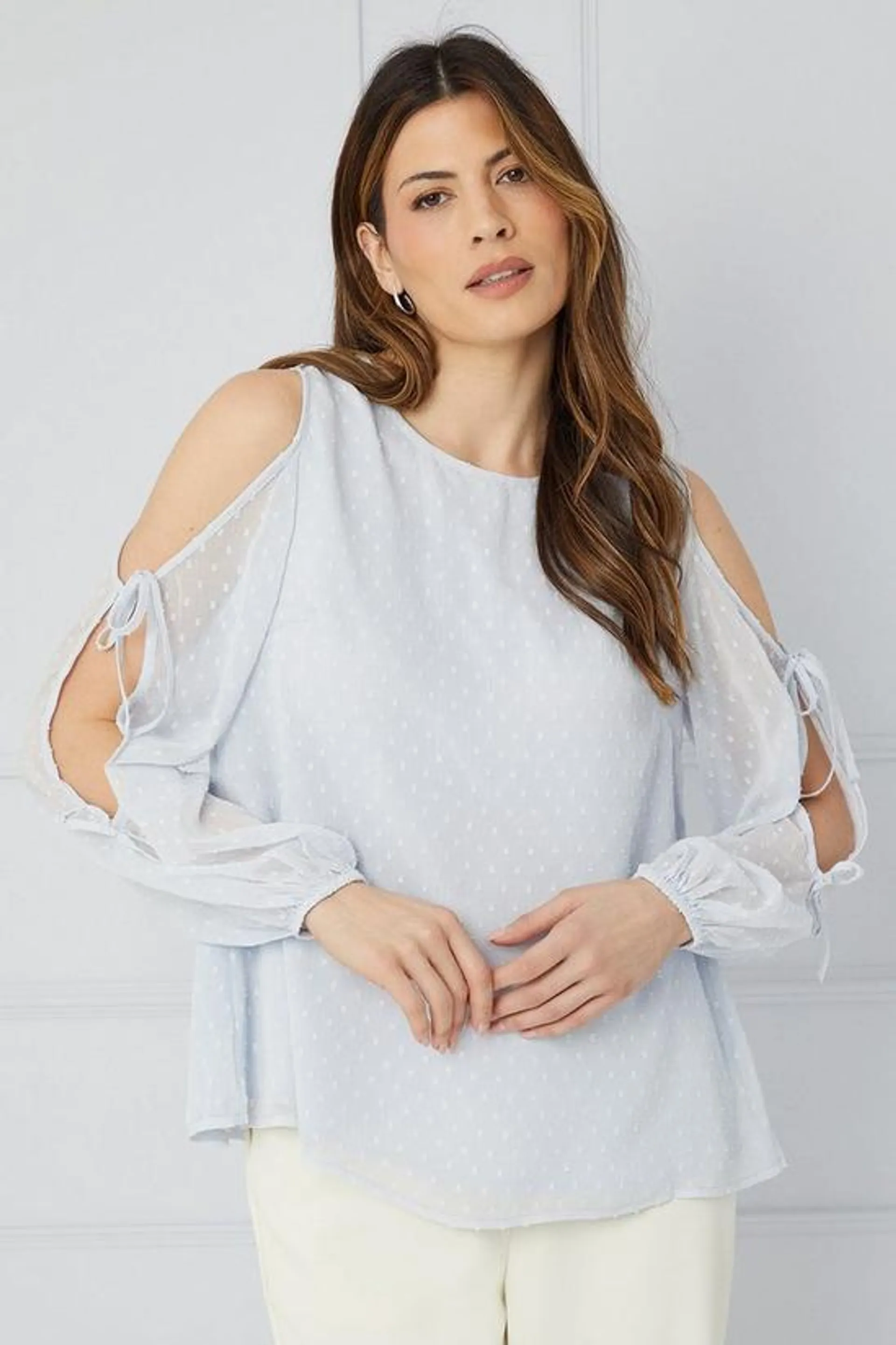 Dobby Cold Shoulder Bow Detail Blouse