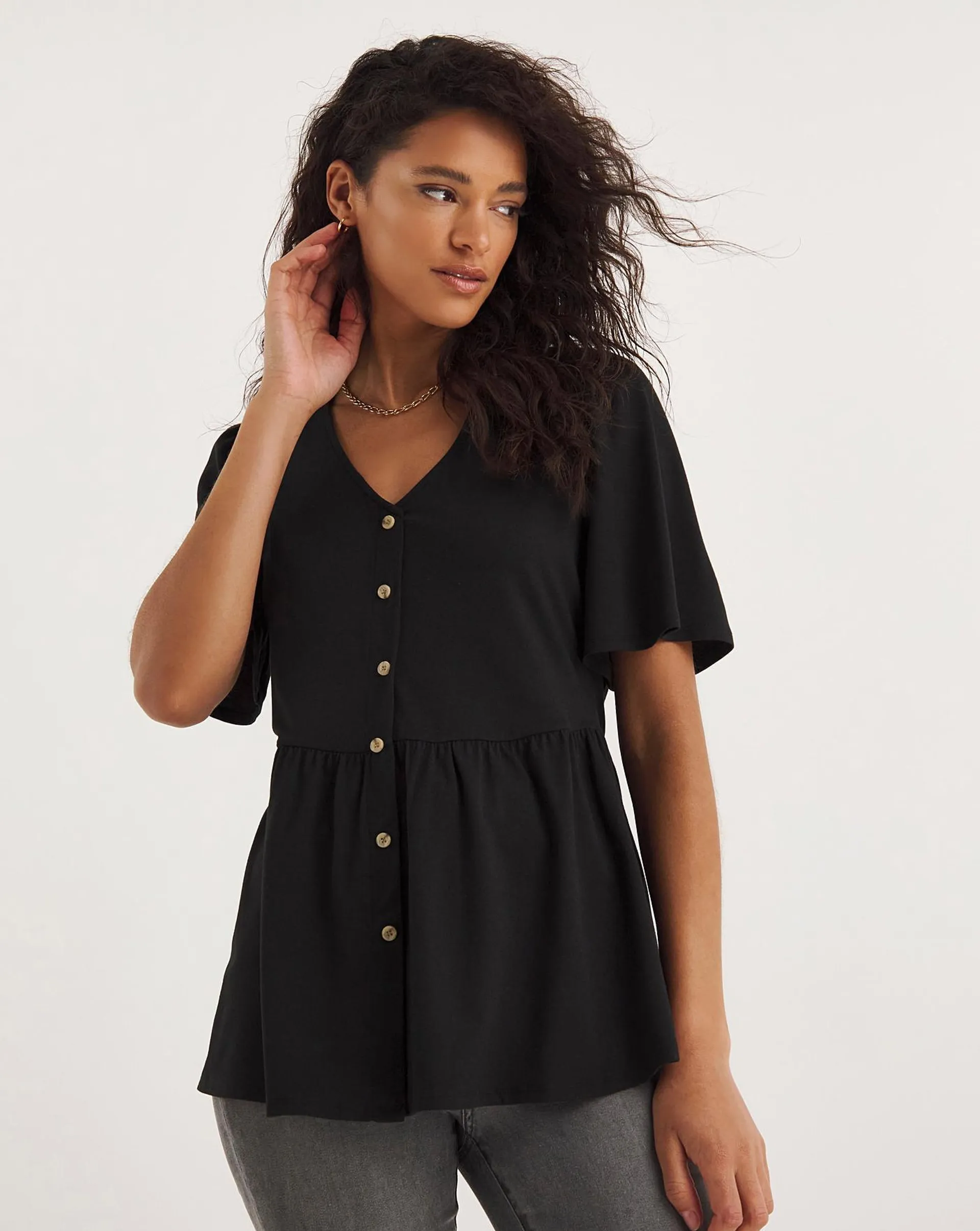 Black Button Detail Angel Sleeve Top