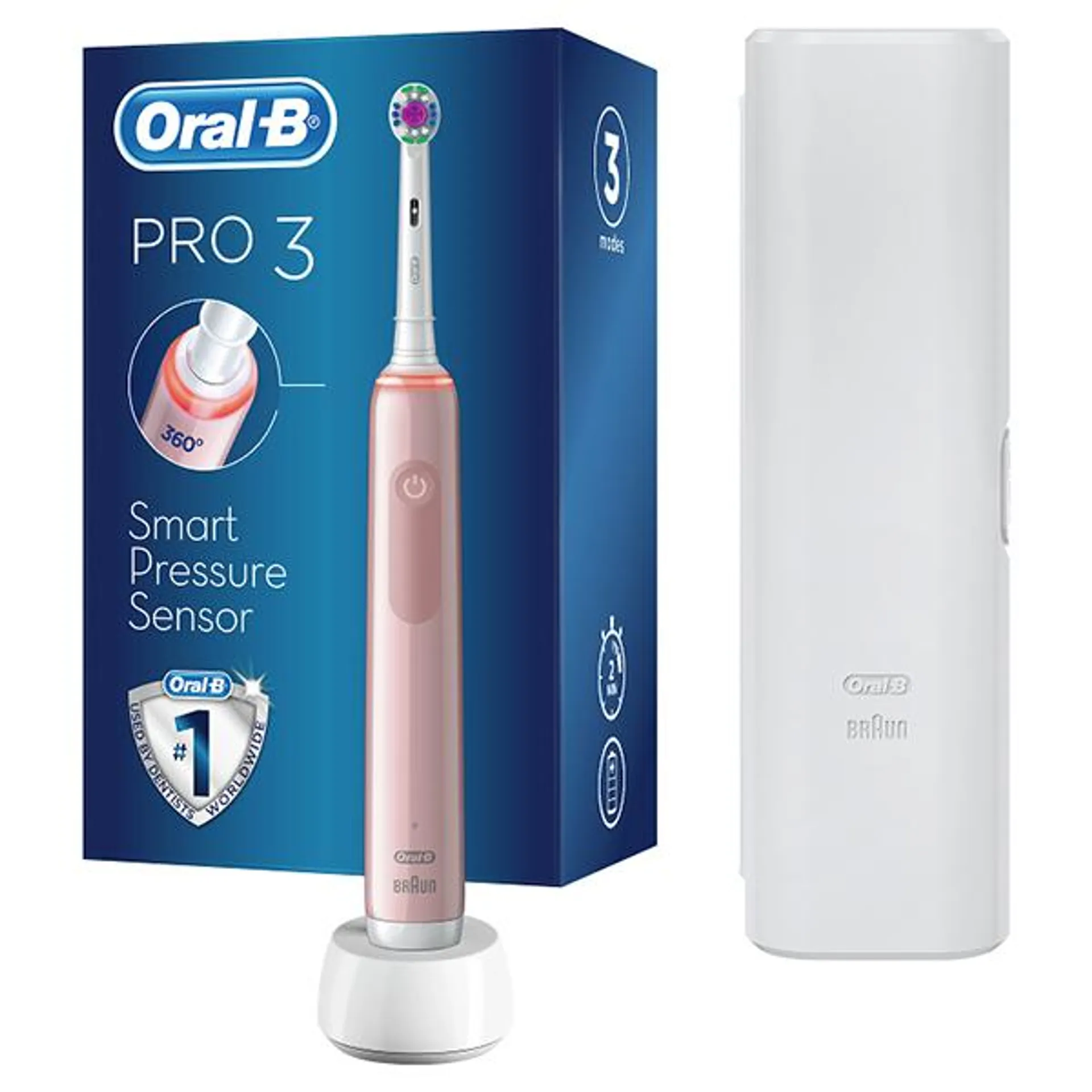 Oral-B Pro 3 3500 3D White Pink Electric Rechargeable Toothbrush with Travel Case
