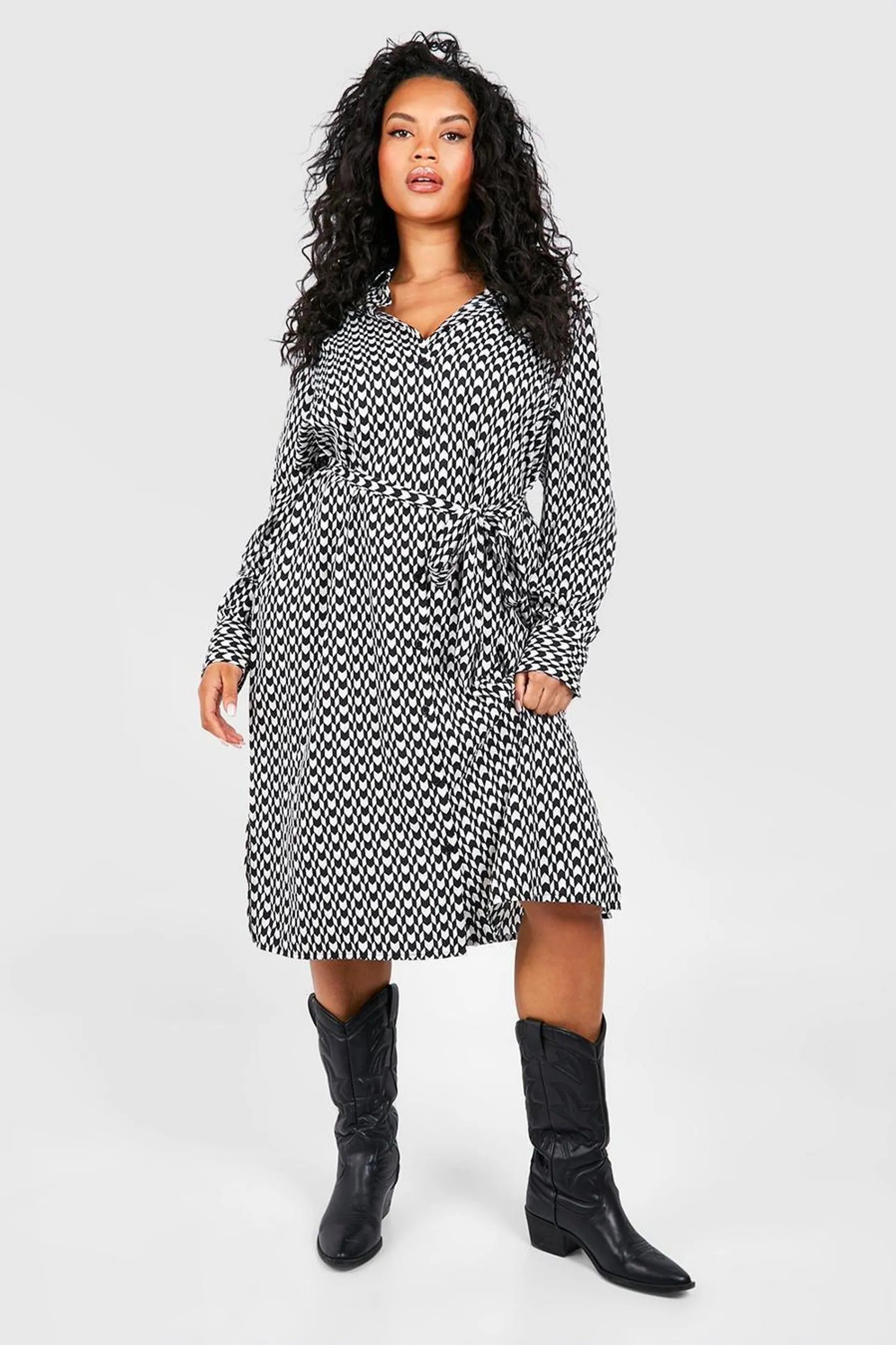 Plus Mono Print Midi Shirt Dress