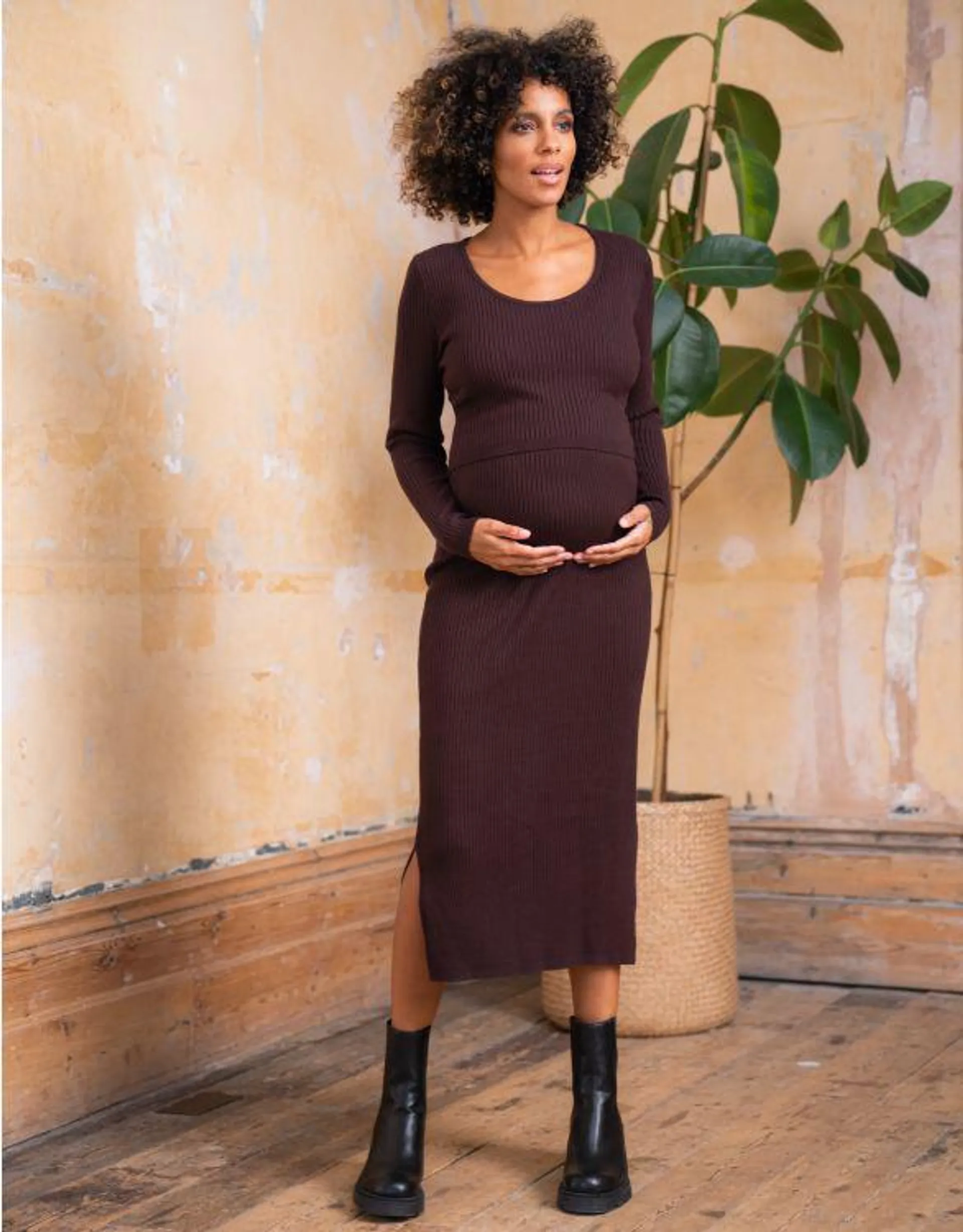 Brown Ribbed Maternity & Nursing Dress