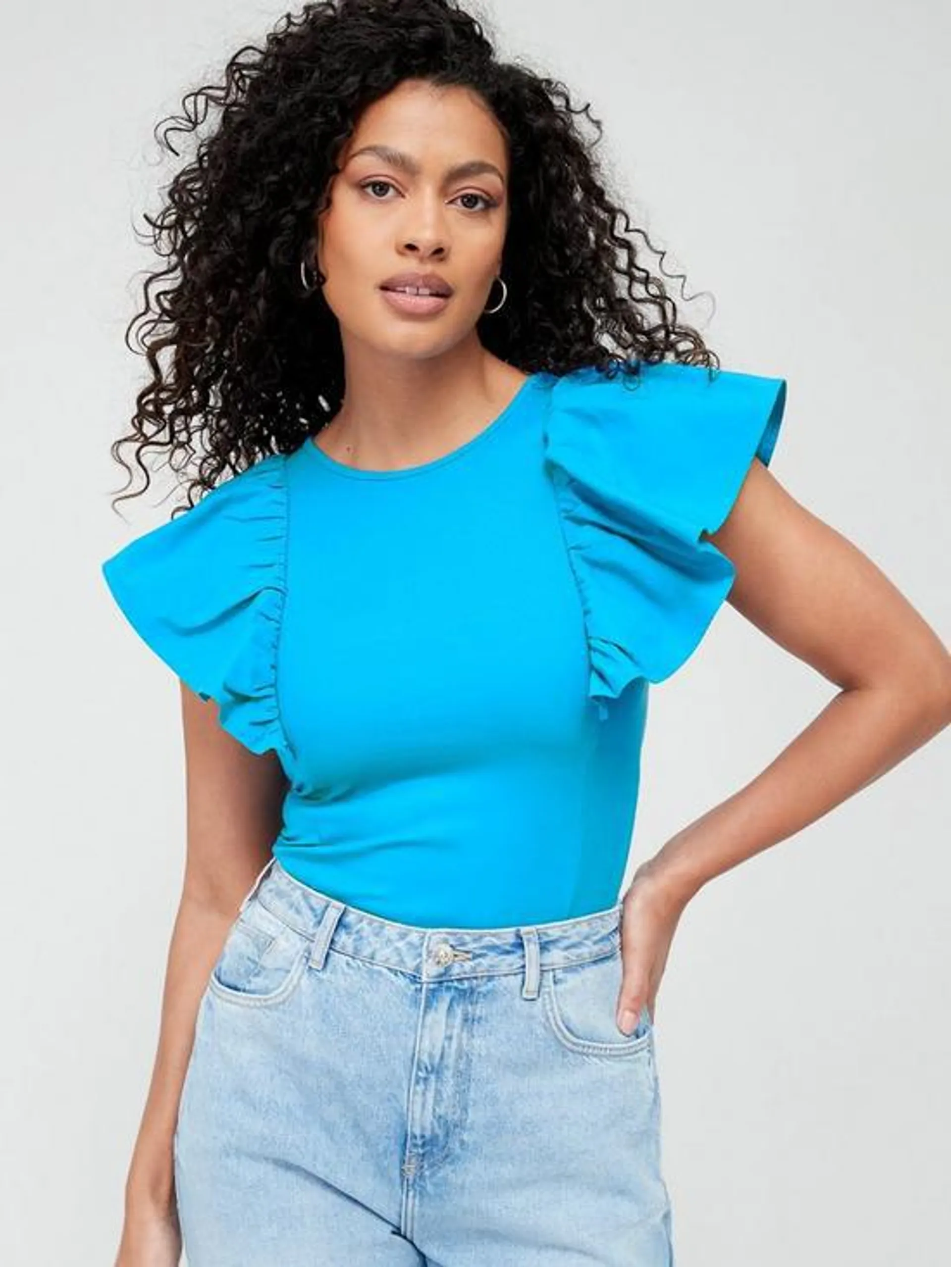 V by Very Frill Detail Woven Mix Top - Blue