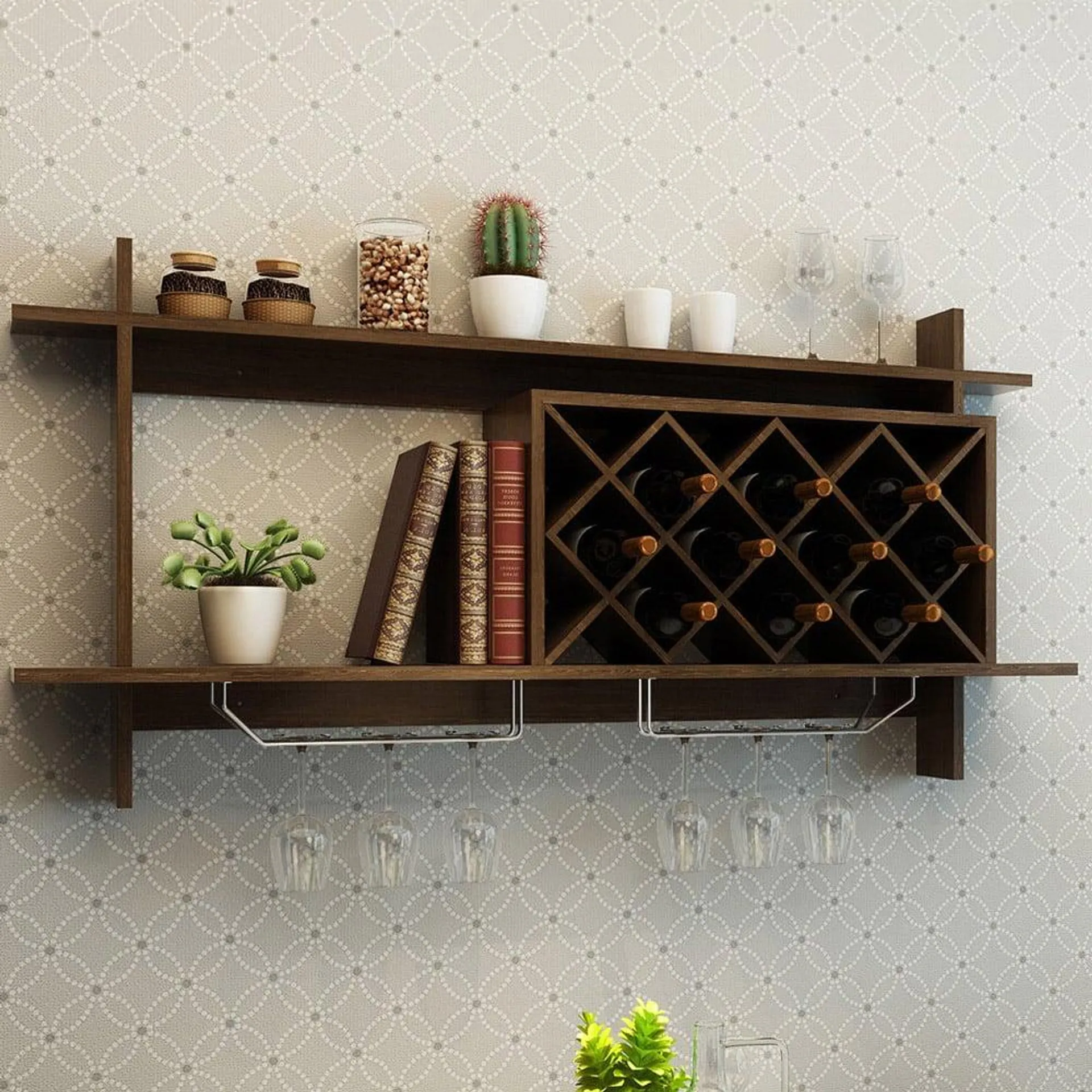 Costway Walnut Wall Mounted 10 Bottle Wine Rack