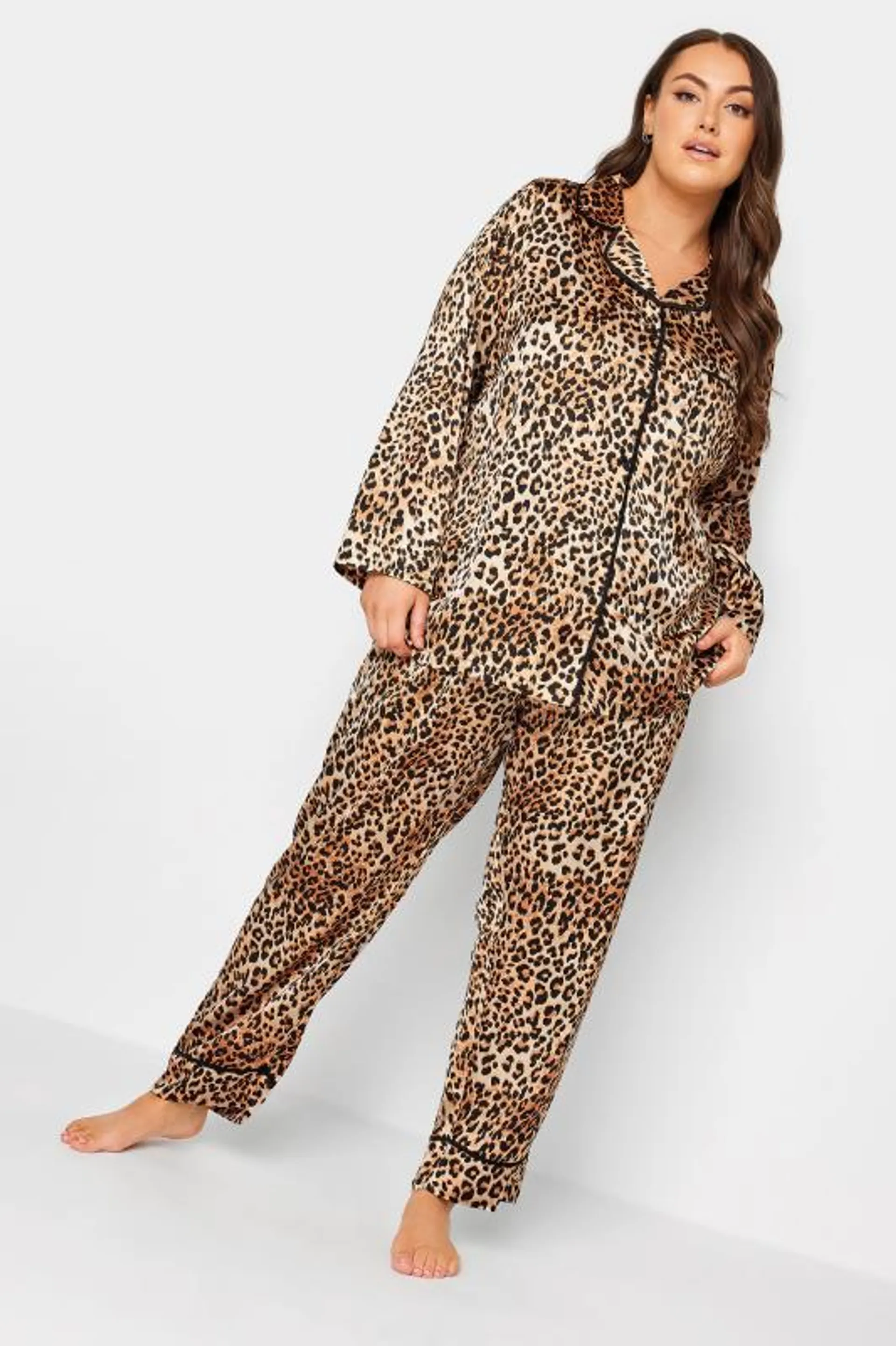 YOURS Curve Brown Animal Print Satin Pyjama Set