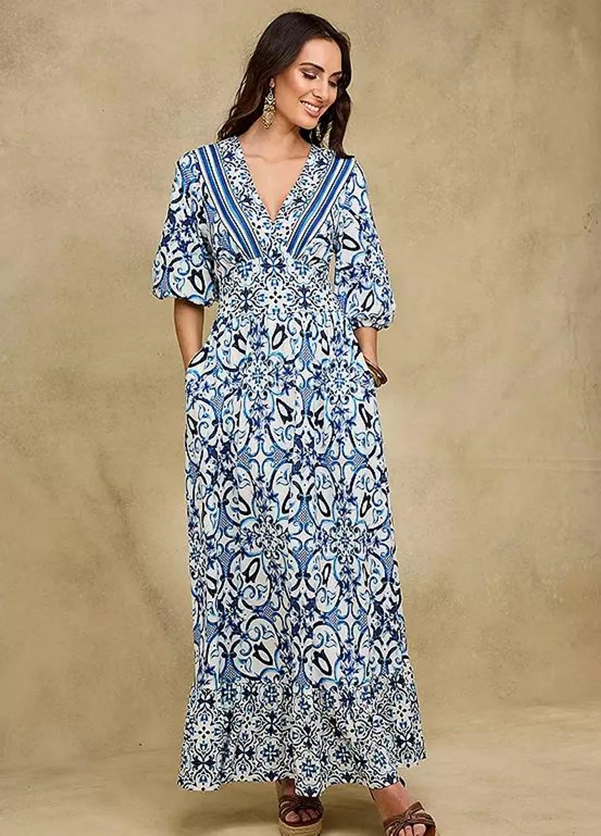 Together Blue Tile Border Print Maxi Dress