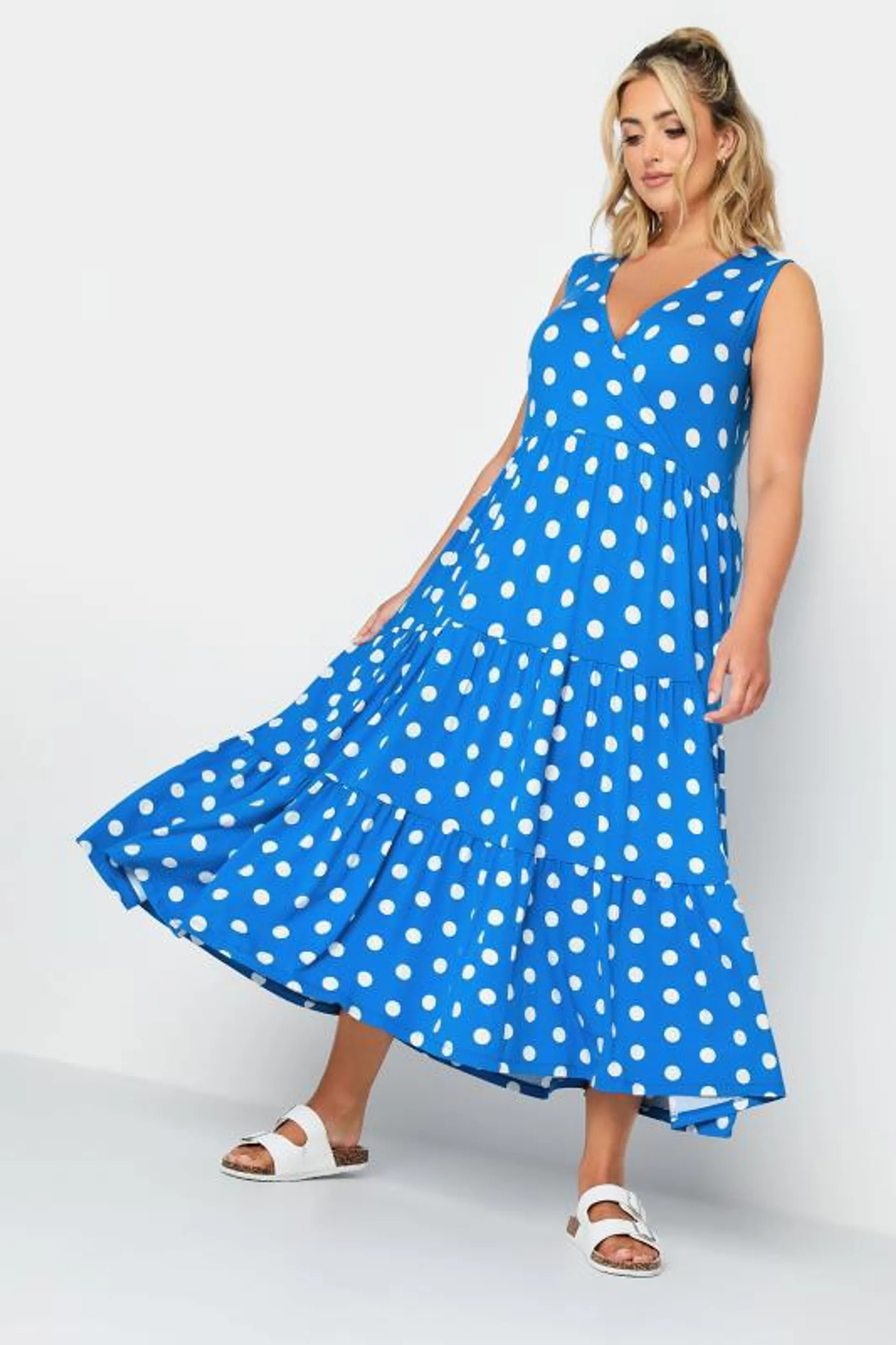 YOURS Curve Cobalt Blue Polka Dot Print Sleeveless Midi Dress