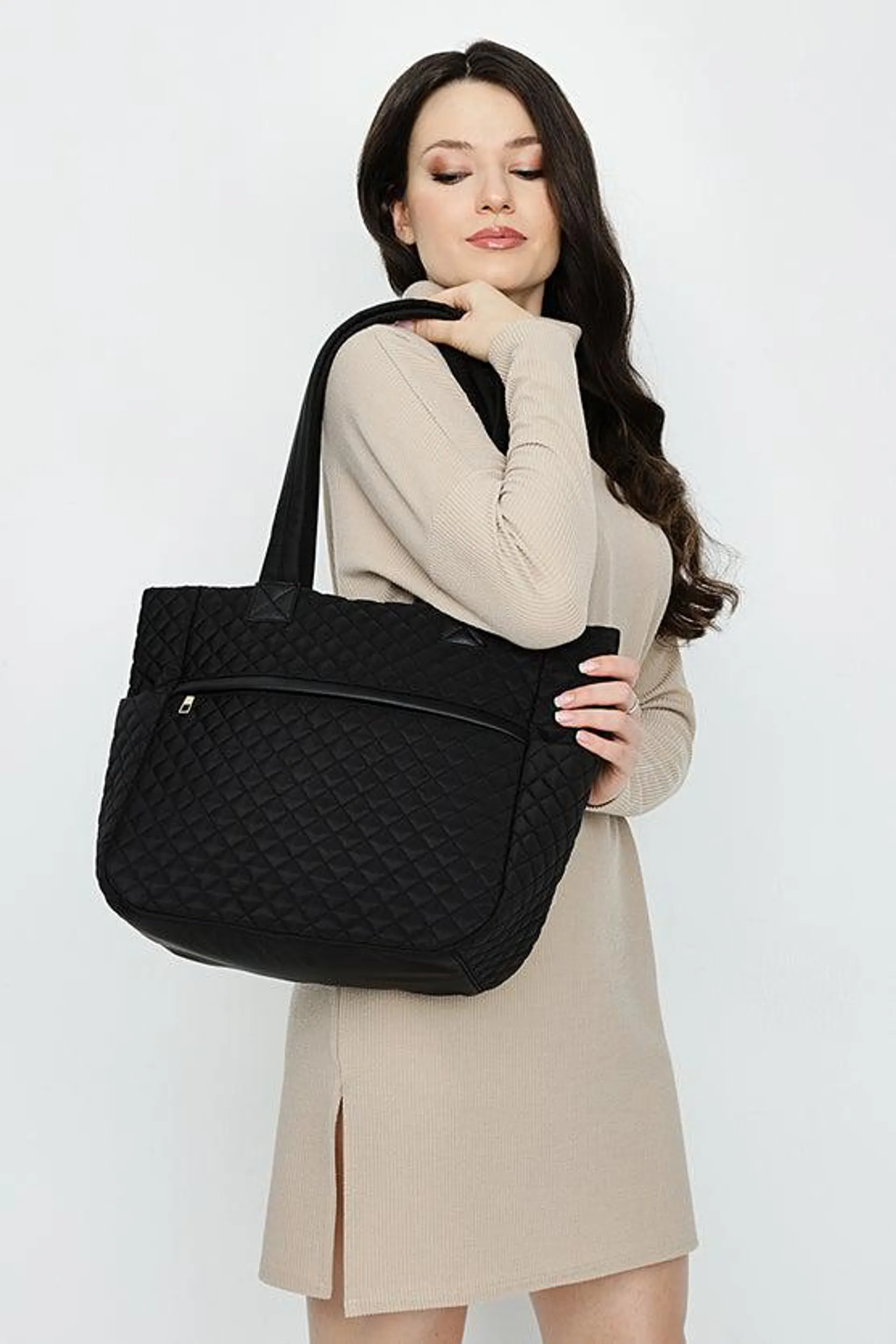 Black Quilted Nylon Pu Zip Shopper Bag