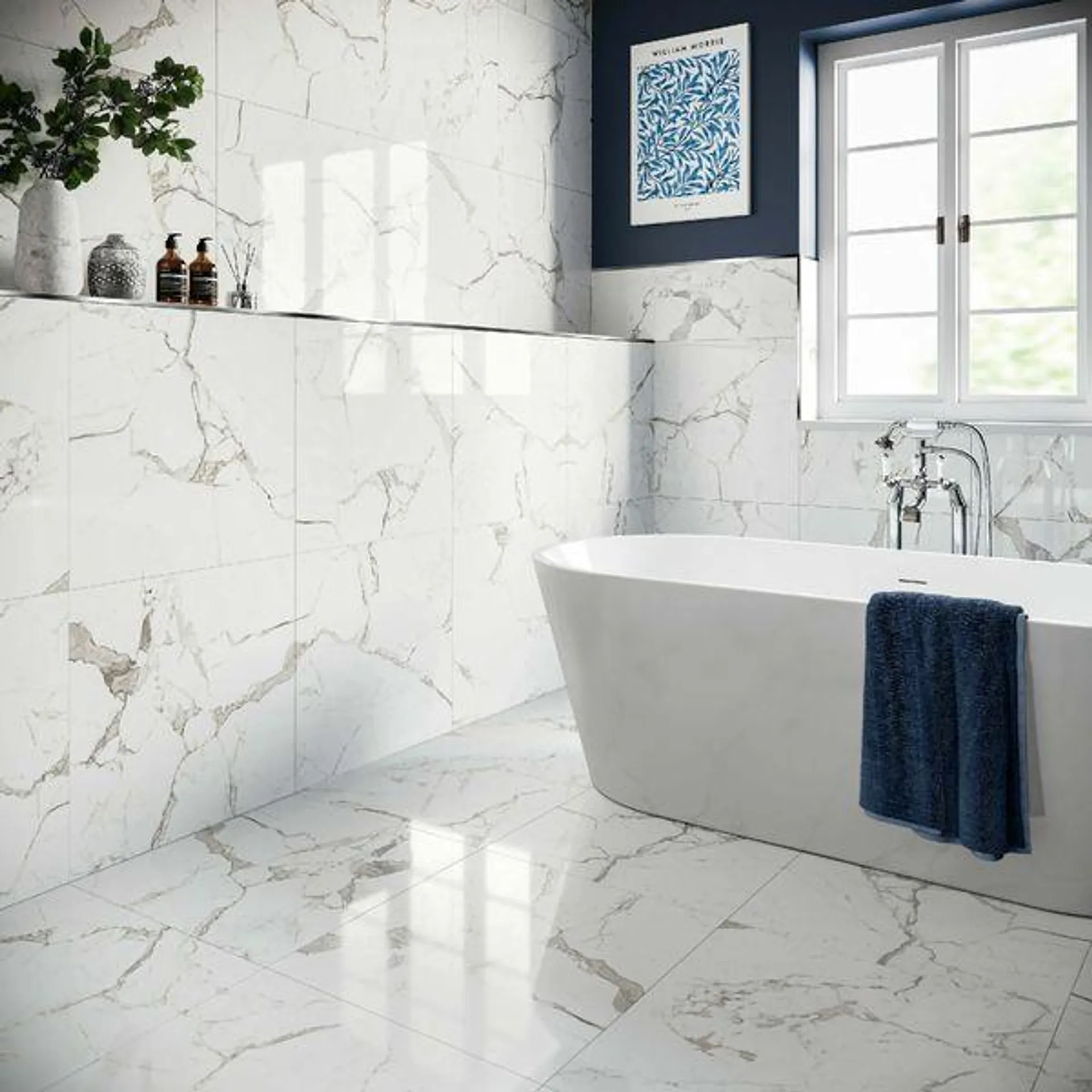 Modern Statuario Polished Marble Effect Tiles 600x600